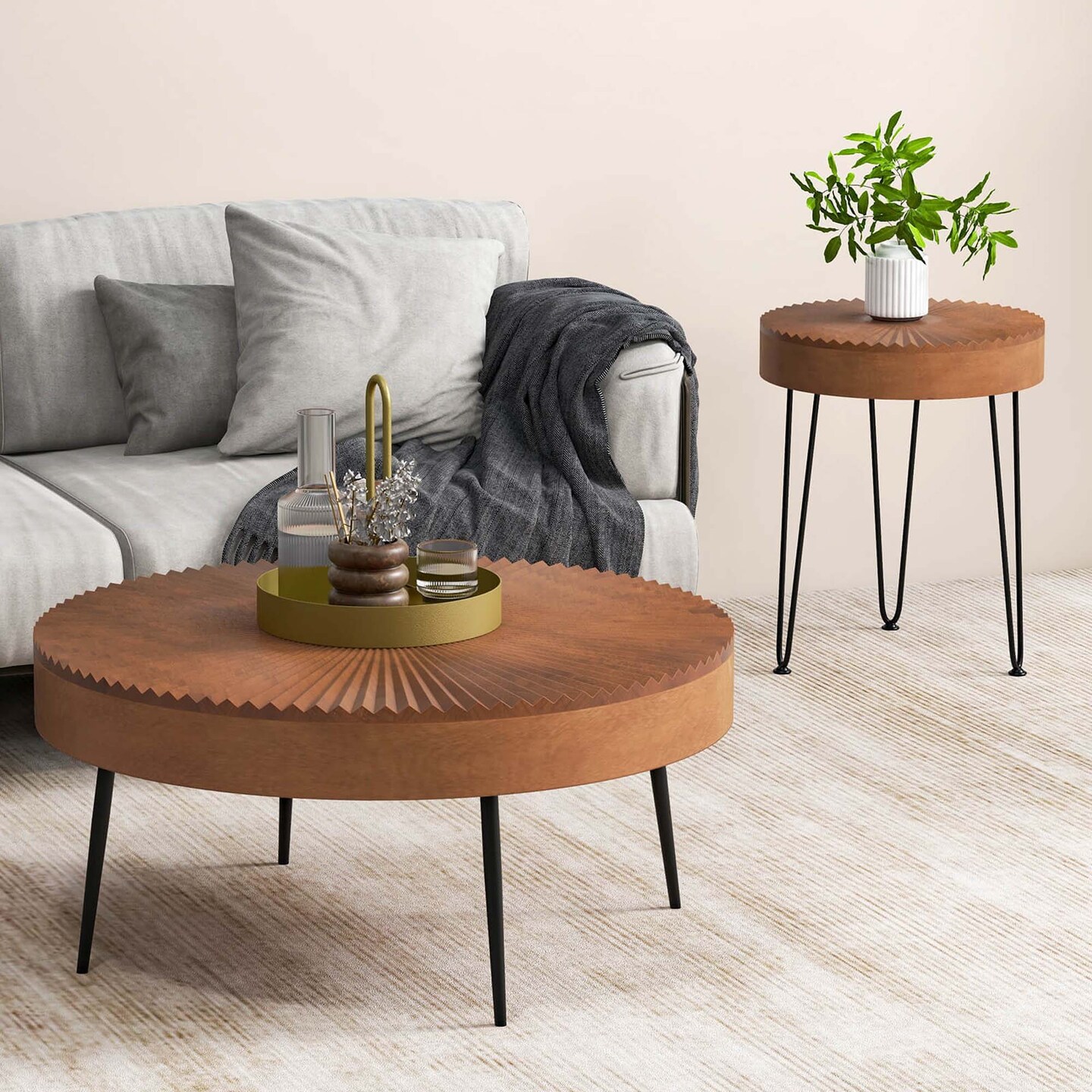 Costway Farmhouse Round CoffeeTable Set of 2 End Table Natural Finish for Living Room Coffee/Natural