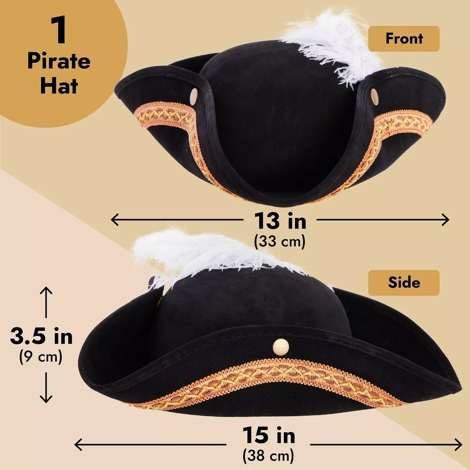 Tricorn Pirate Hat with Feather for Halloween Outfit, Adult Size Black