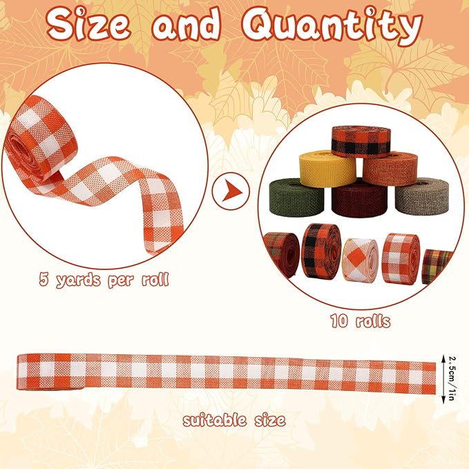 10 rolls of 50 yards each of fall plaid burlap ribbon, 1 inch gift wrapping ribbon, and autumn decorative ribbon for DIY crafts. Wreath and Bow Making Supplies for Home Decor