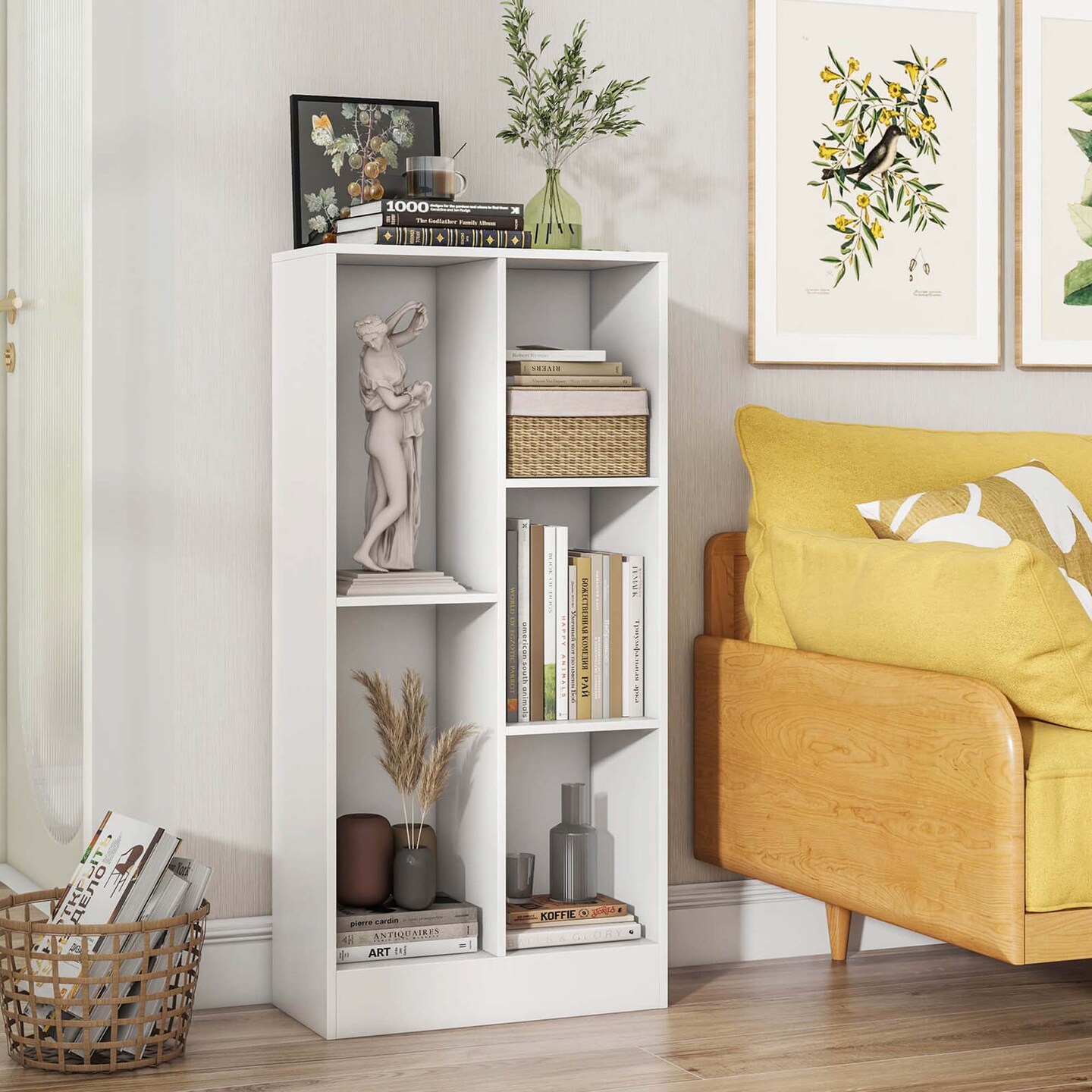 Costway 5-Cube Bookcase for Kids 41&#x22; Wooden Toy Storage Organizer for Kid&#x27;s Room White/Natural