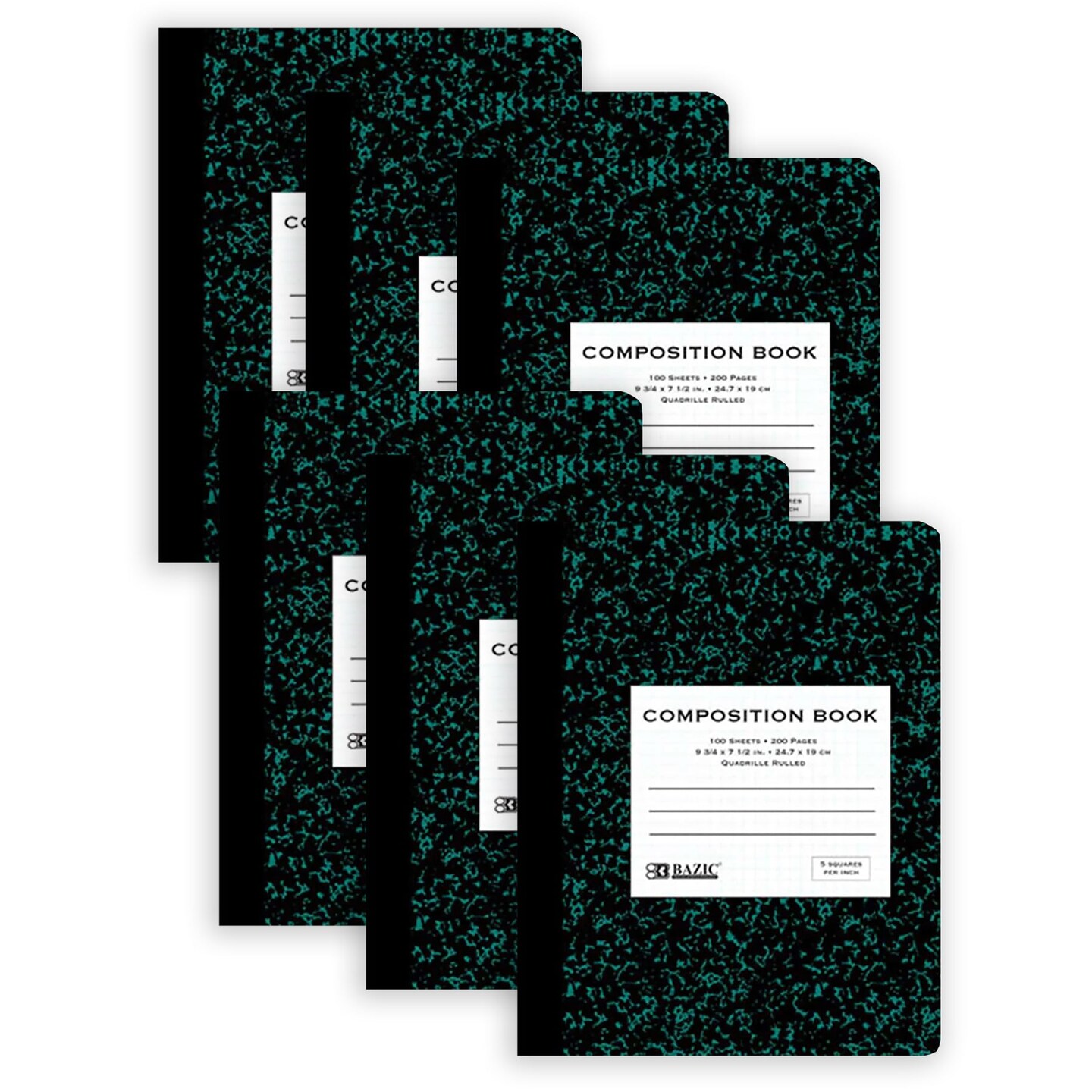 Premium Composition Book, 5-1&#x22; Quad-Ruled, Marble, 100 Sheets, Pack of 6