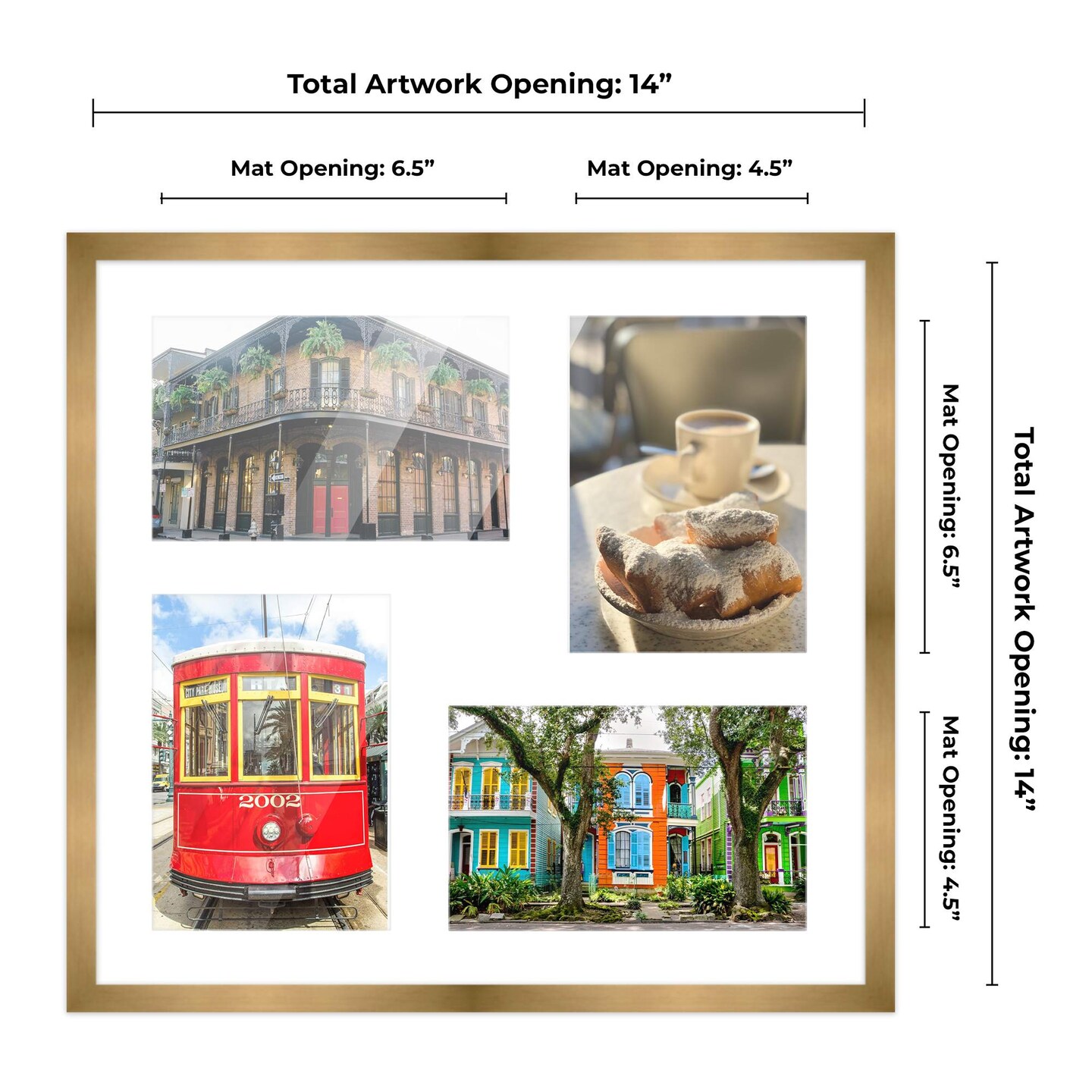 Metallic Gold Bronze Finish Collage Frame - White Mat, 20 Frame Sizes to Choose From, UV Acrylic, Wall Hanging Hardware, Vertical or Horizontal Display