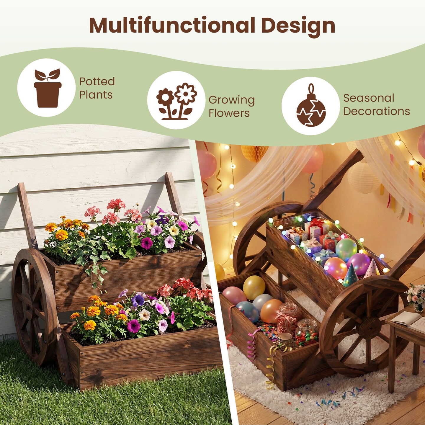 2-Tier Wooden Wagon Garden Planter with Drainage Holes and Semi-Wheels