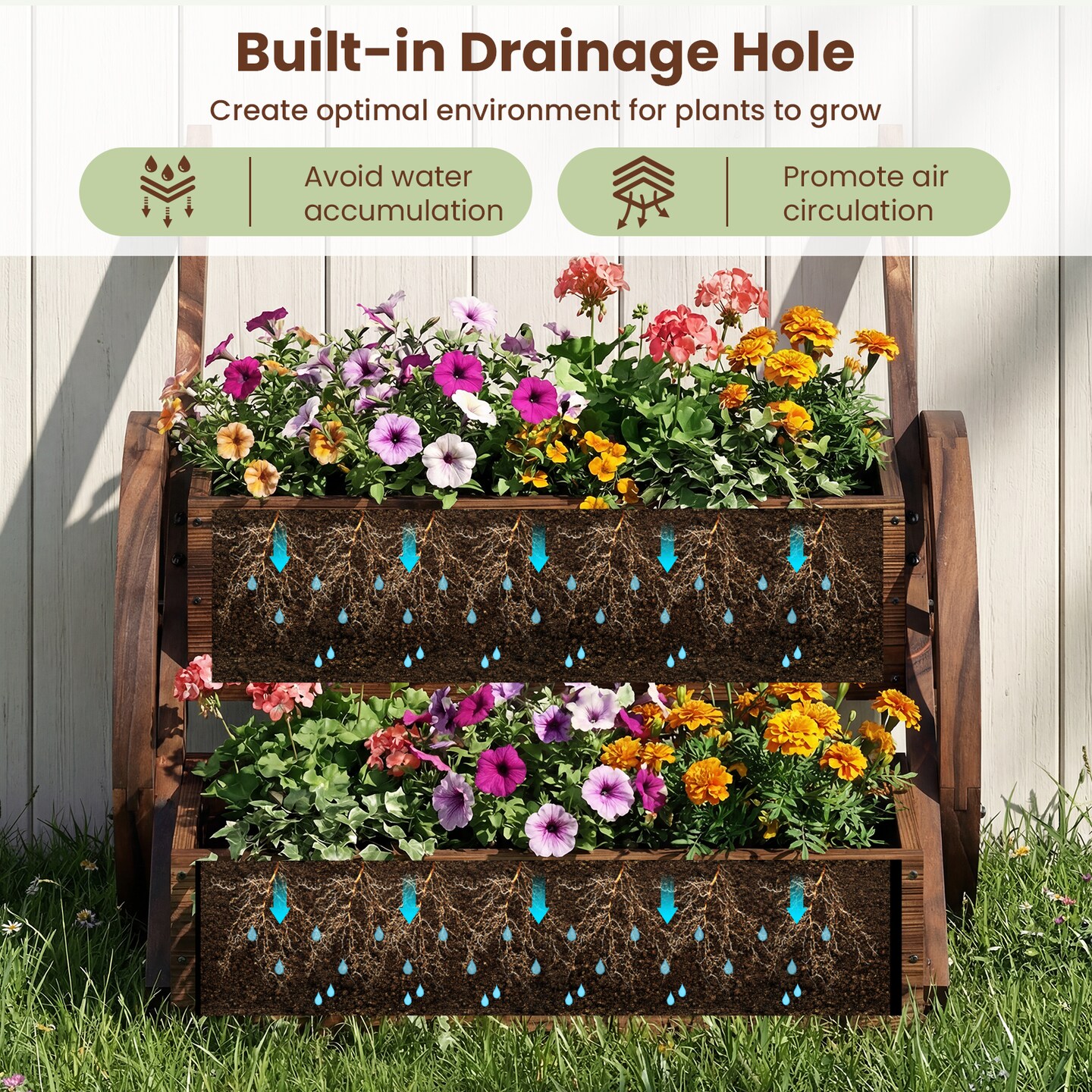 2-Tier Wooden Wagon Garden Planter with Drainage Holes and Semi-Wheels