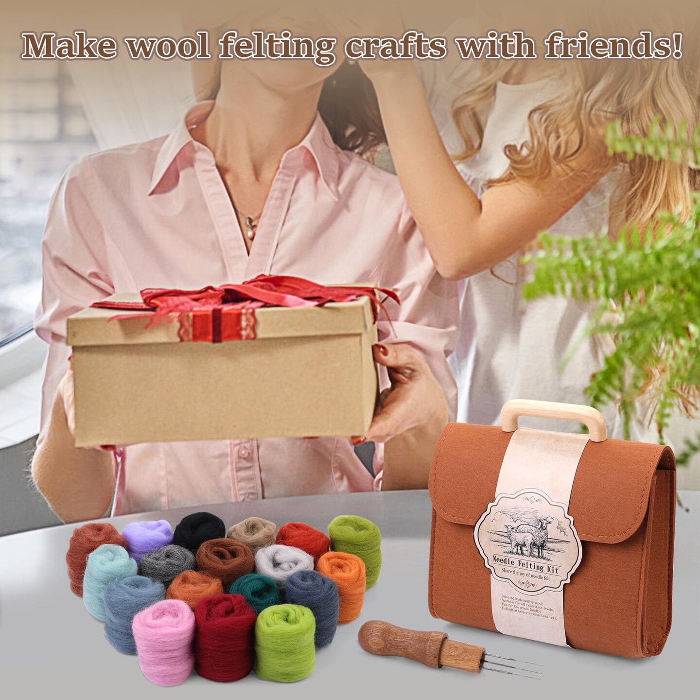Needle Felting Kit, 24 Colors Felting Wool Kit with Felt Bag, Felting Needles, Pad, Felting Wool Bulk for DIY Needle Felting Beginner with Step by Step Instructions