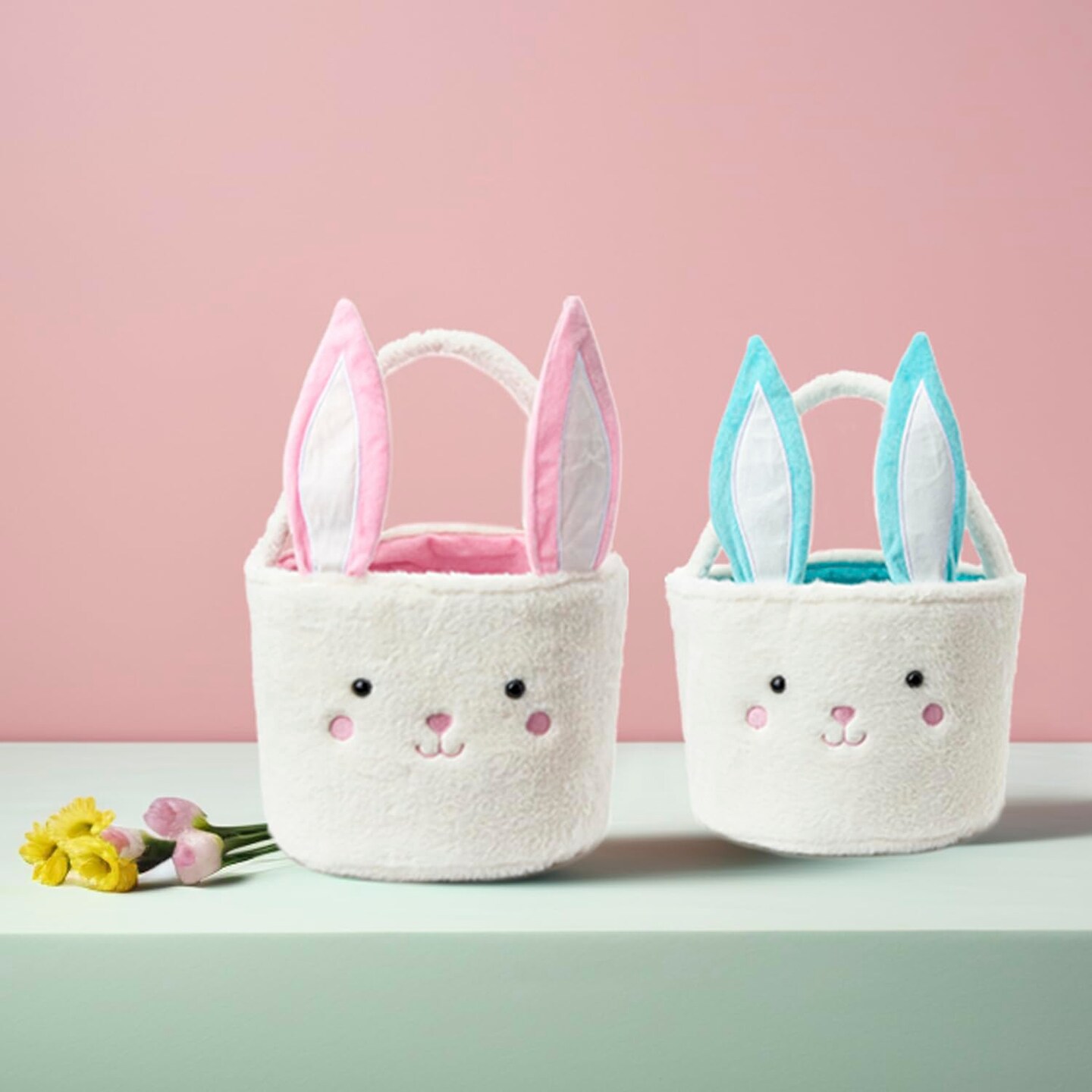 Plush Bunny Basket for Easter Fluffy Easter Bunny Bucket for Egg Hunts Easter Basket Easter Egg Basket Easter Egg Holder (Blue White)