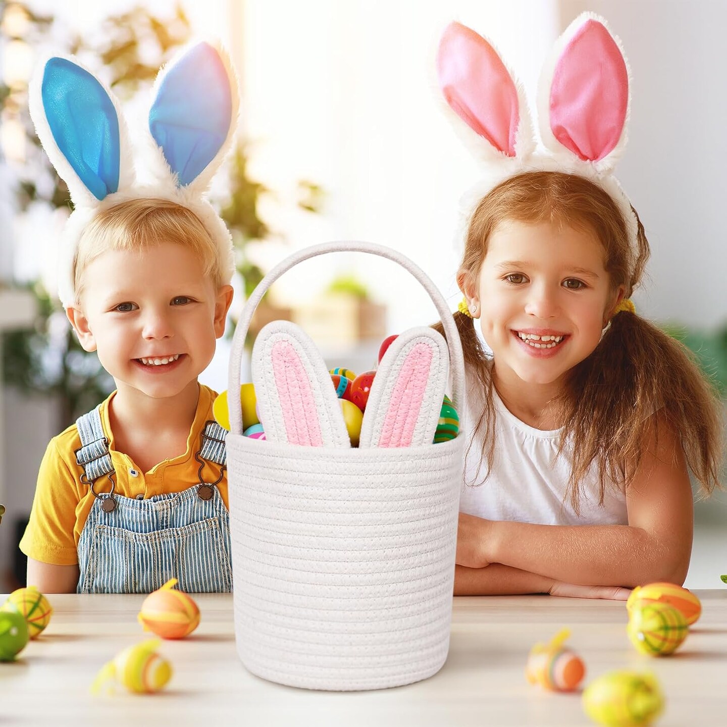 Easter Baskets for Kids,Bunny Easter Basket with Handle, Egg Hunt Easter Bag Decorations Candy Gifts Storage for Boys and Girls