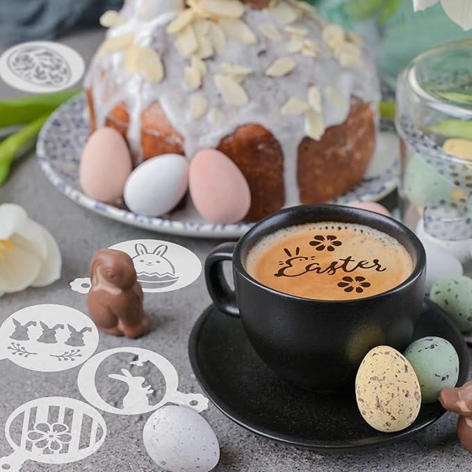 Easter Cookie Stencils, 36Pcs Reusable Eggs Bunny Cookie Coffee Stencils Templates Mold Tools for Cookies Baking Painting Dessert Coffee Decoration Easter Party Supplies