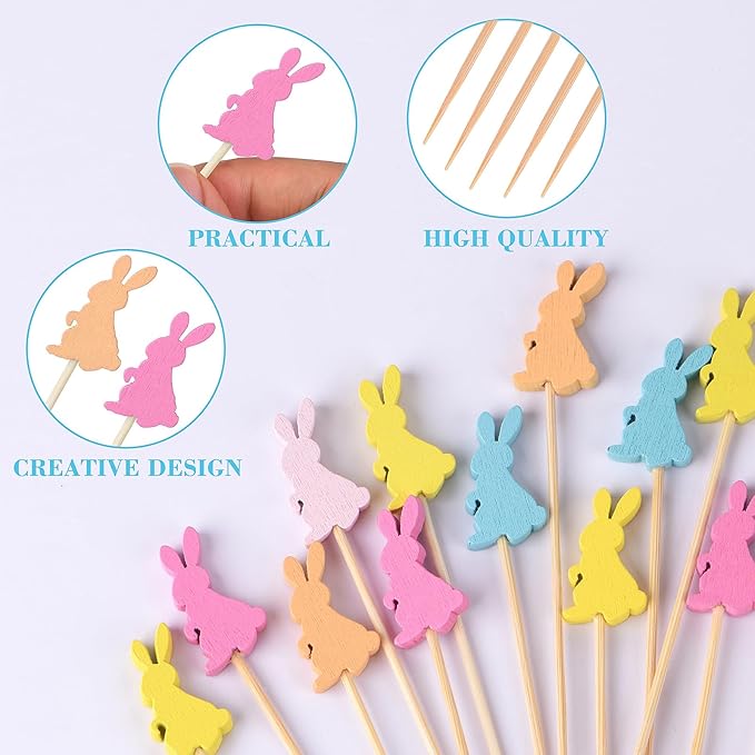 100 Pack Easter Toothpicks for Appetizers, 4.7 Inch Natural Bamboo Cocktail Picks for Cake Dessert Food Fruit Easter Party Decorations