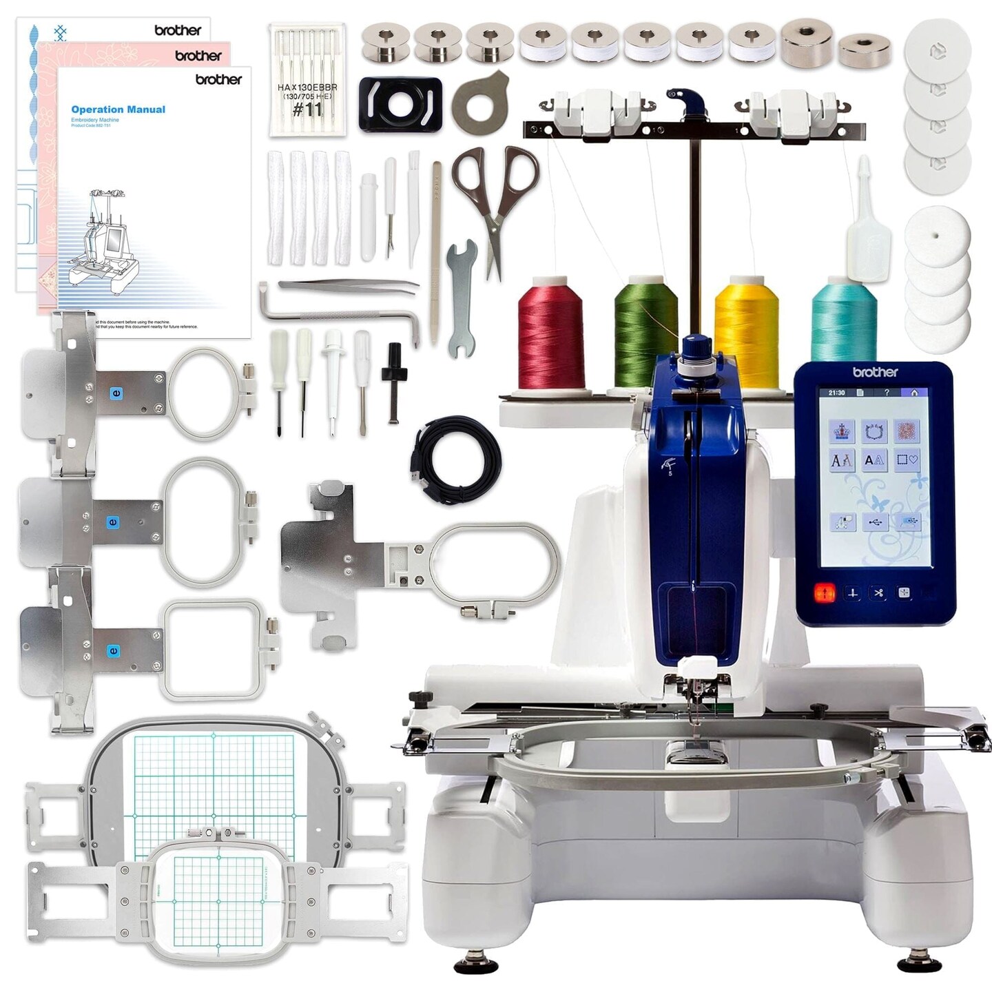 Brother PRS100 Single-Needle Embroidery Machine w/ Hat Hoop Set, Accessories Kit