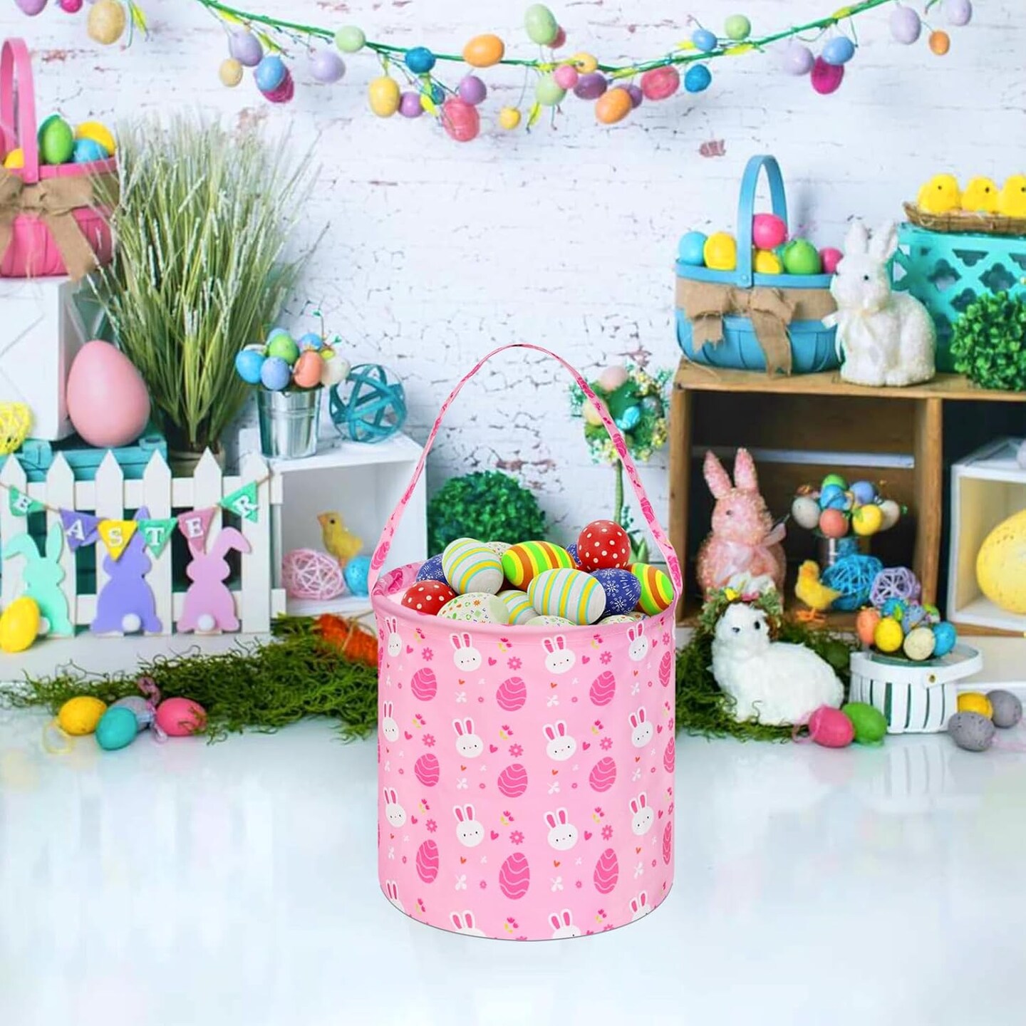 Easter Eggs Storage Basket Gift Buuny Basket Collapsible Storage Bins with Handles Nursery Basket for Home and Office Decoration (Pink Rabbit)