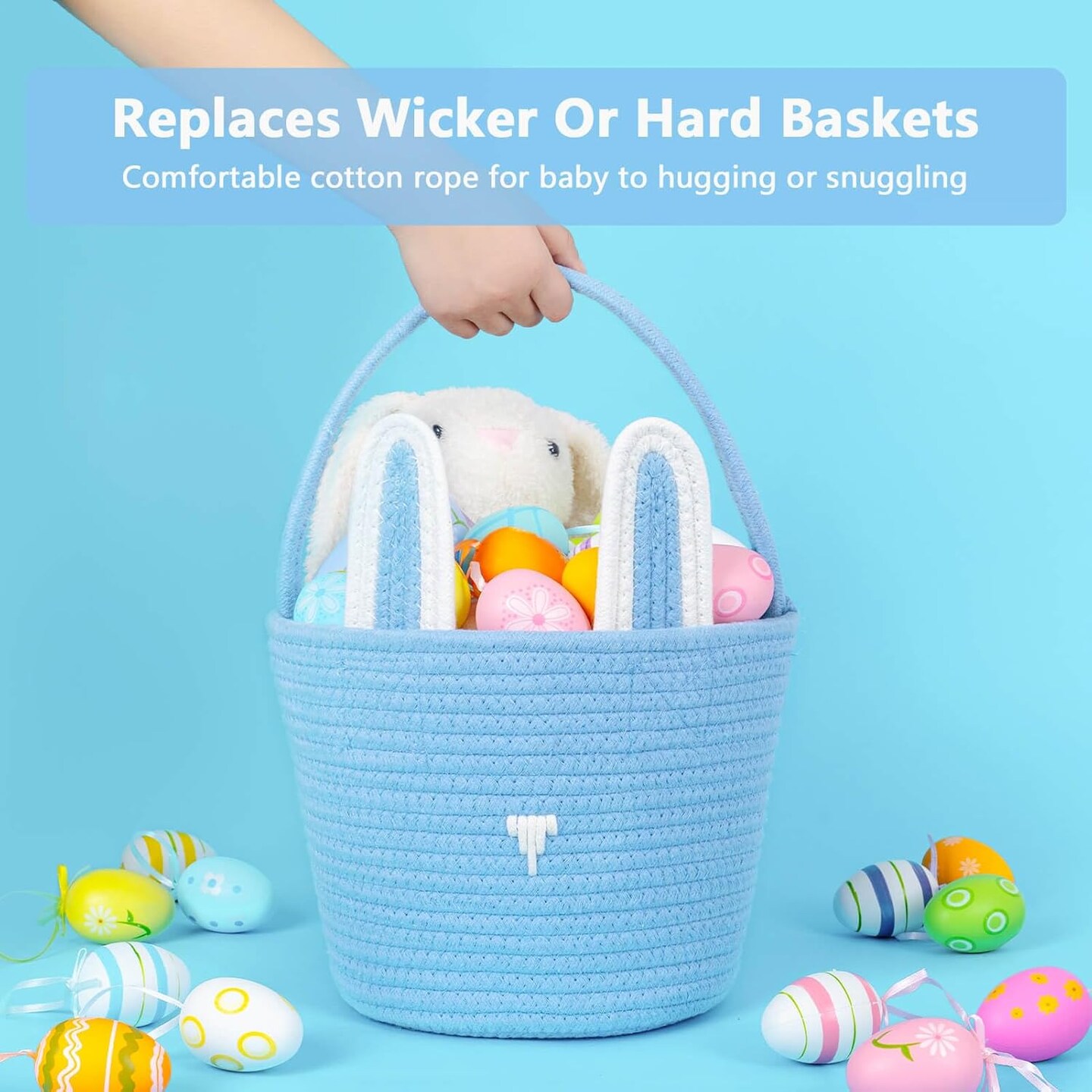 Easter Baskets Empty Kids Easter Hunt Basket,Soft Skin-Friendly Baby First Easter Basket Handwoven Easter Bunny Basket Storage Easter Eggs Easter Decor