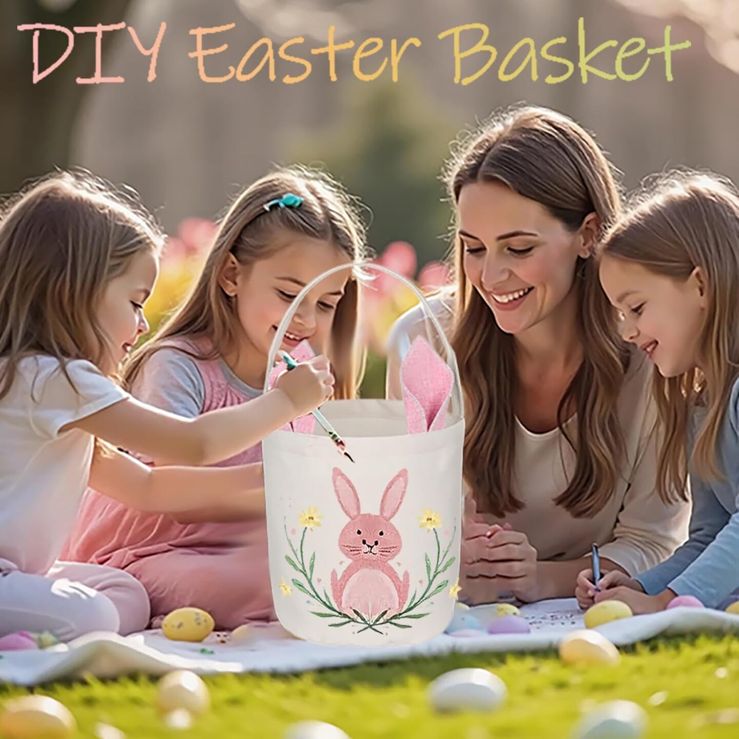 3 Pack Easter Baskets, Personalized Bunny Eggs Canvas Tote Bags for Easter Party Favor Supplies (A- DIY Canvas Baskets)