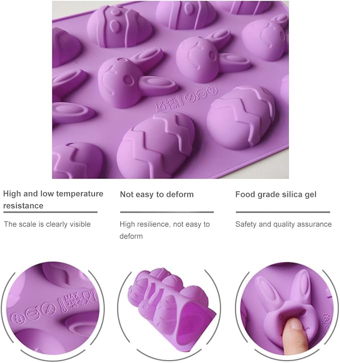 2 Pack Bunny & Egg Silicone Molds Easter Day Cake Pan Silicone Molds for Baking Cupcake Muffin Making Chocolate Candy Ice Cube Jello Jelly Soap Wax Crayon Melt(Pink and Purple)
