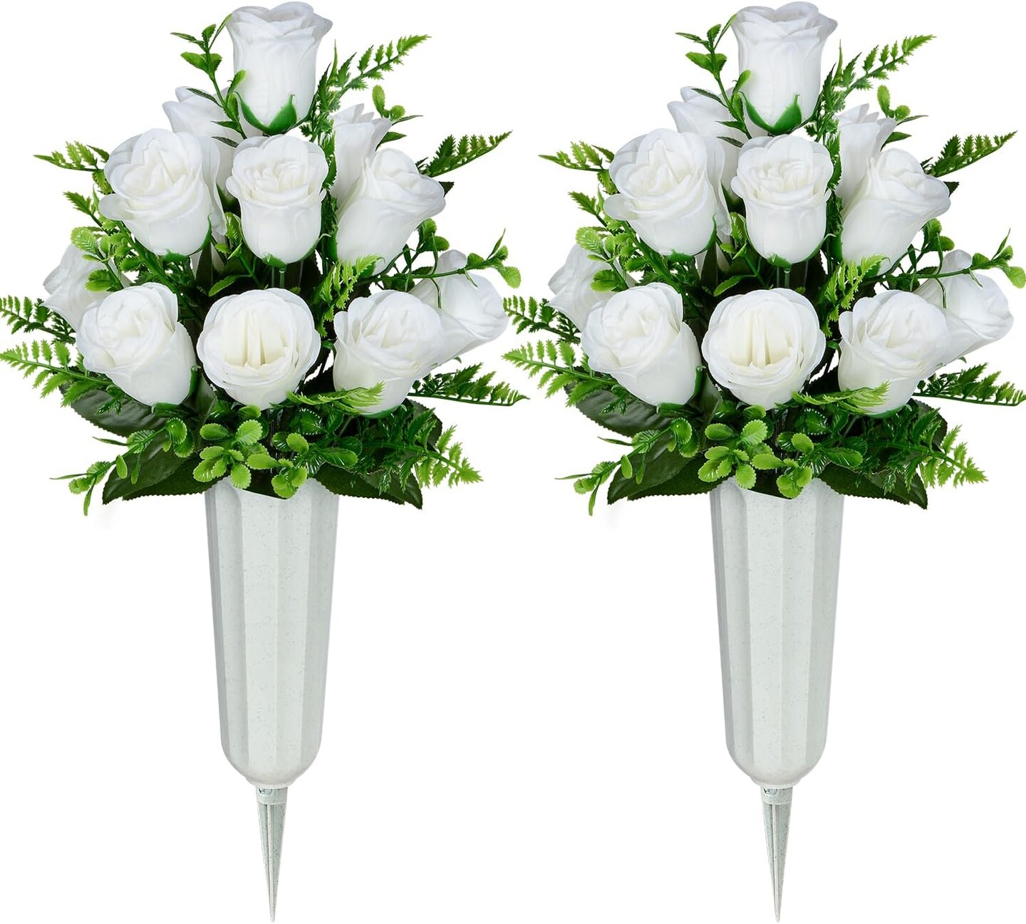Artificial Cemetery Flowers, Set of 2 Artificial Rose Bouquet Grave Memorial Flowers with Vase for Cemetery Headstones Decoration (White)