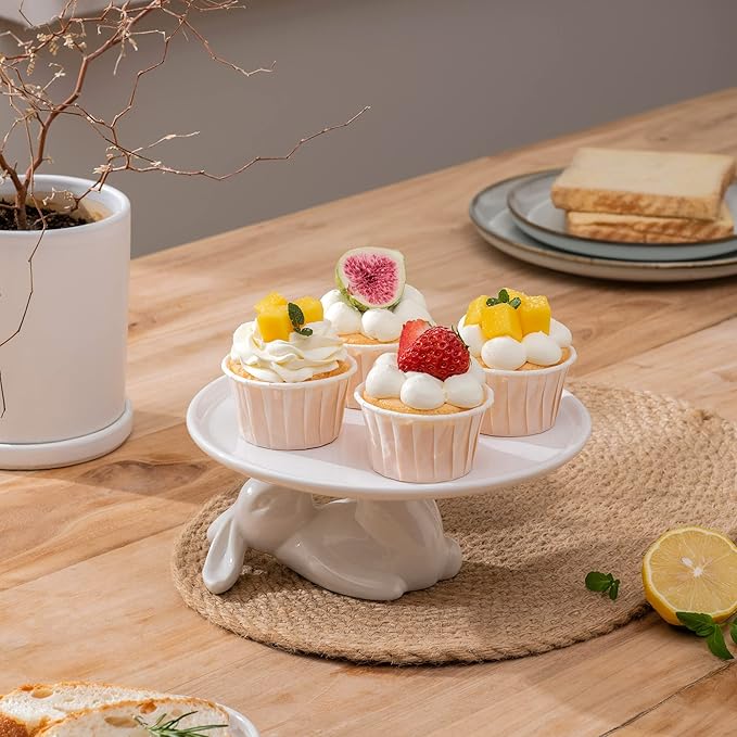 Cupcake Stand, Easter Decorations, Ceramic Dessert Plates for Eggs and Cookies, Bunny Candy Dish Gifts, 8.3 Inch White