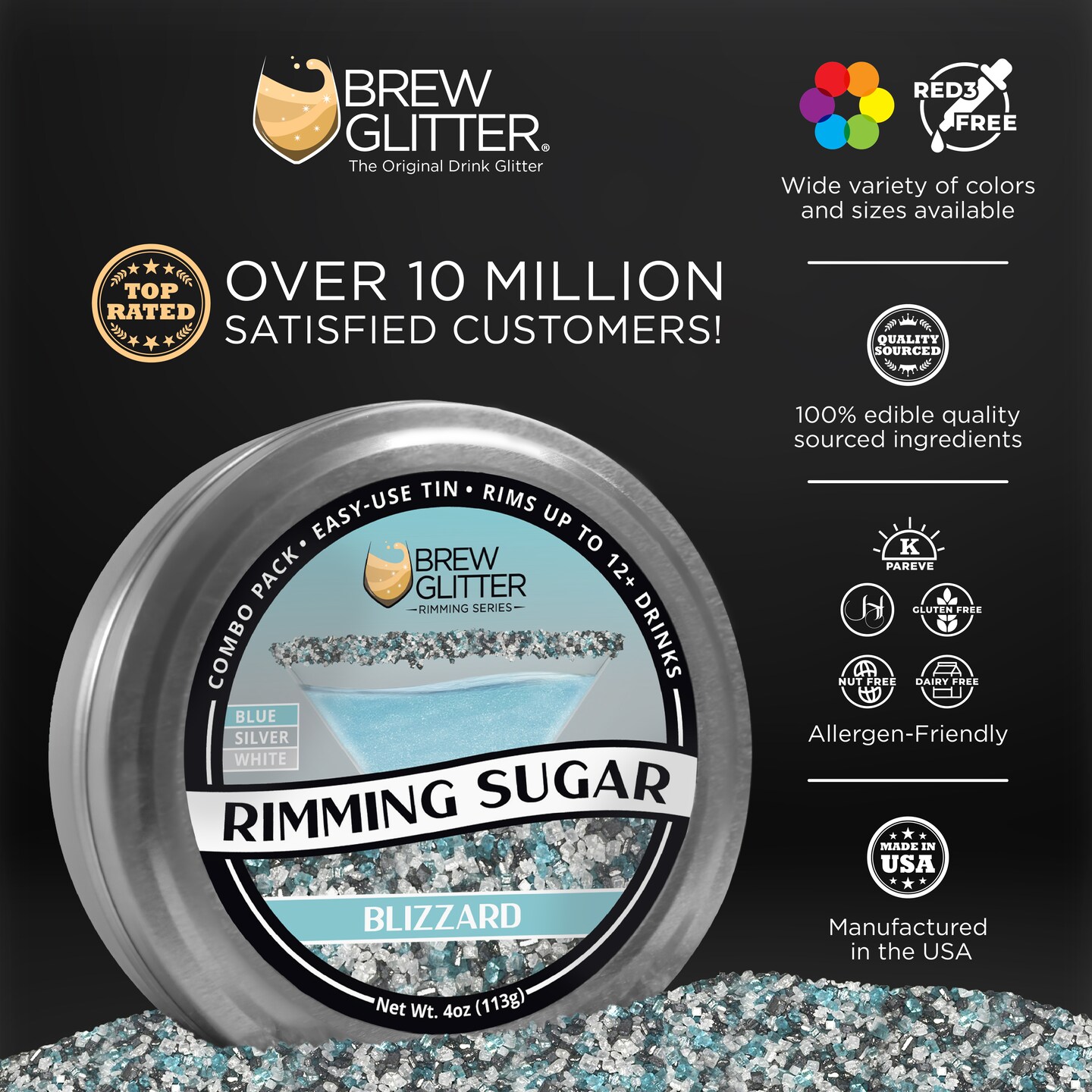 Brew Glitter - Blizzard Rimming Sugar (4oz, 1x Bar Tin) Cocktail Garnish for Mixed Drinks &#x26; Refreshments