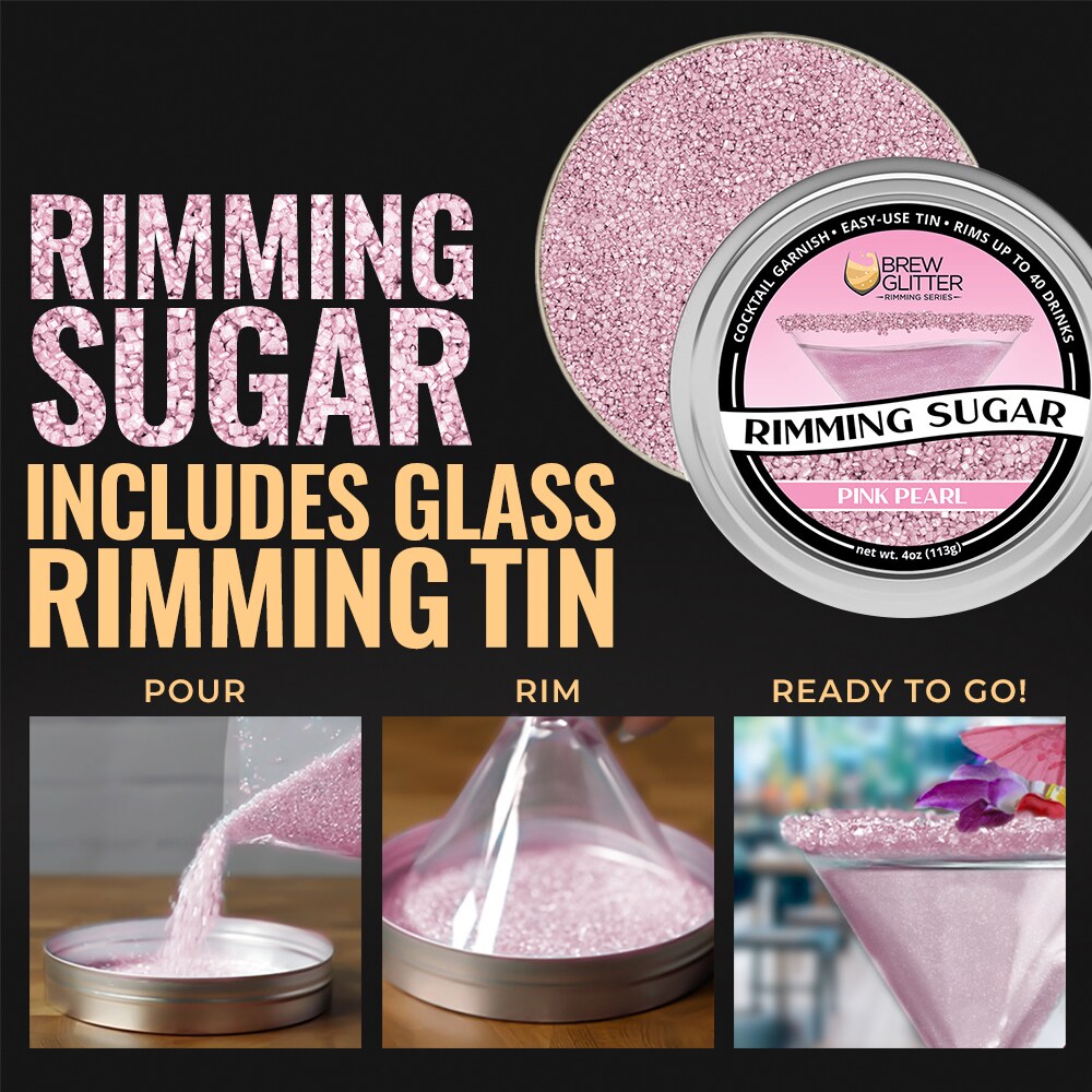 Brew Glitter - Pink Pearl Rimming Sugar (4oz, 1x Bar Tin) Cocktail Garnish for Mixed Drinks & Refreshments