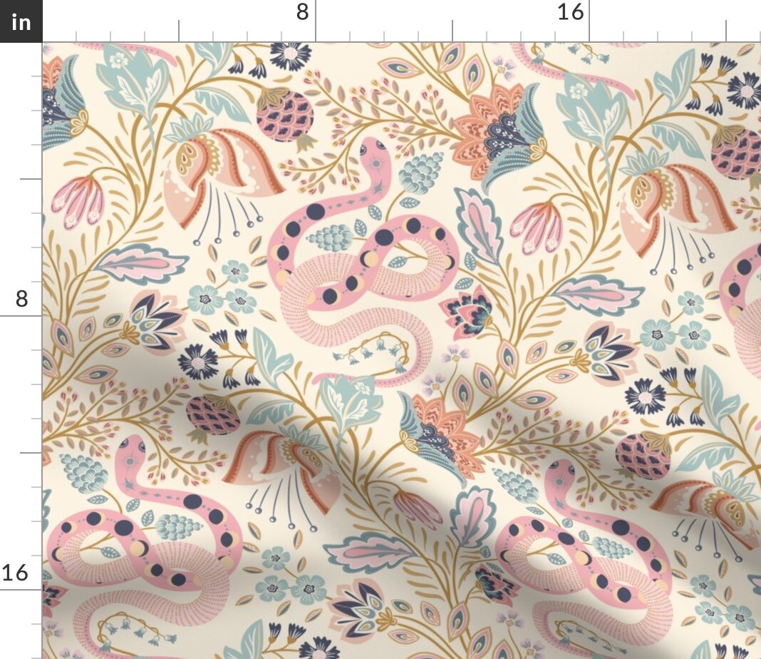 Celestial Whimsical Snake Moon Phase Reptiles Zodiac Year Of The Pink Blue Soft Floral Flowers Botanical Baby Kids Nursery Exotic Animals Boho Custom Printed Fabric by Spoonflower Various Fabrics by the Yard or Fat Quarter