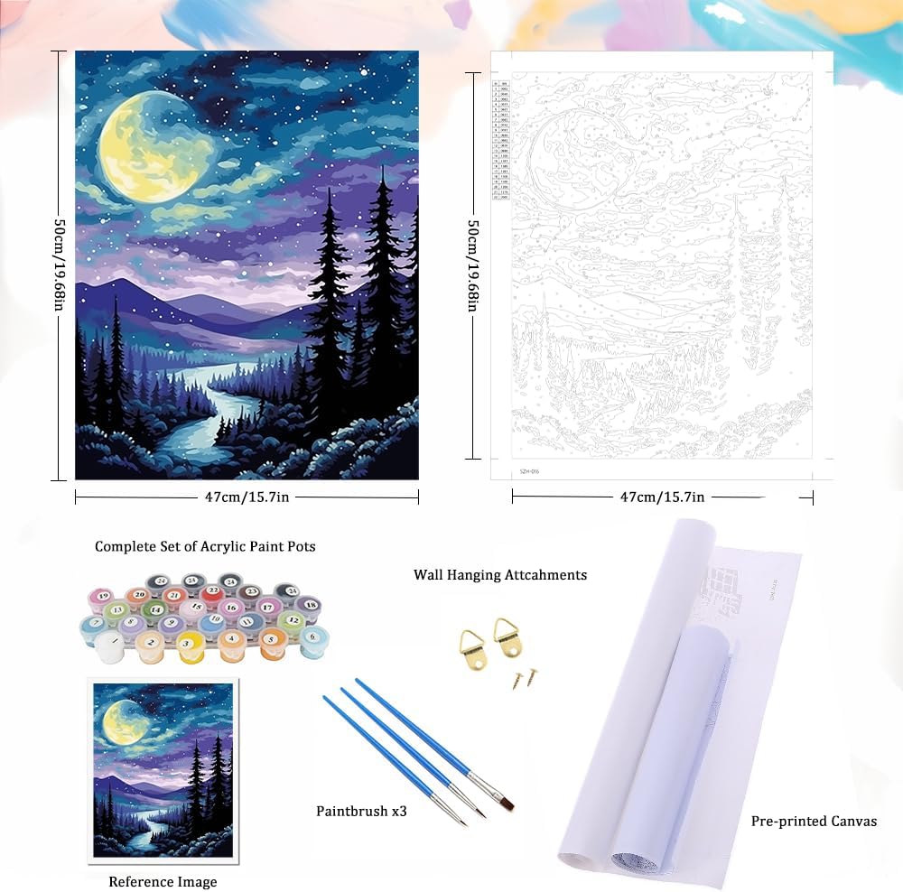 Forest Night Scene Acrylic Easy Paint by Numbers Kits,16x20 Inch