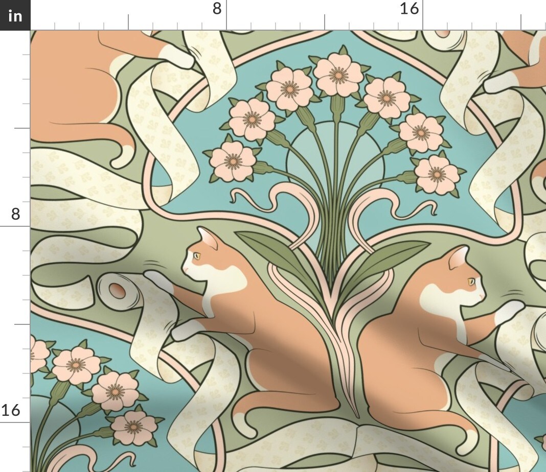 Whimsical Art Nouveau Deco Cat Toilet Paper Novelty Funny Floral Bathroom Modern Green Lover Lady Large Scale Bohemian Eclectic Antique Custom Printed Fabric by Spoonflower Various Fabrics by the Yard or Fat Quarter