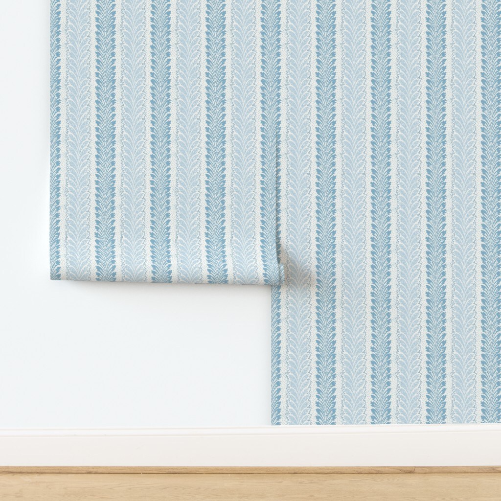 Traditional Classic Stripe Grandmillennial Feather Dots Lines Cottage Cottagecore Timeless Blue Monochromatic Sophisticated Coastal Farmhouse Custom Pre-pasted Wallpaper by Spoonflower Pre-Pasted Wallpaper 2FT Wide