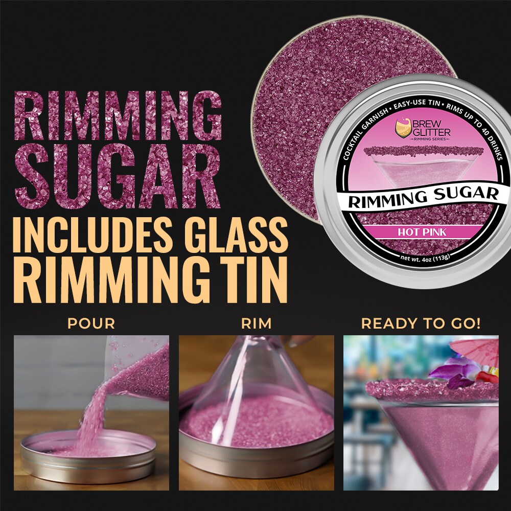 Brew Glitter - Hot Pink Rimming Sugar (4oz, 1x Bar Tin) Cocktail Garnish for Mixed Drinks & Refreshment
