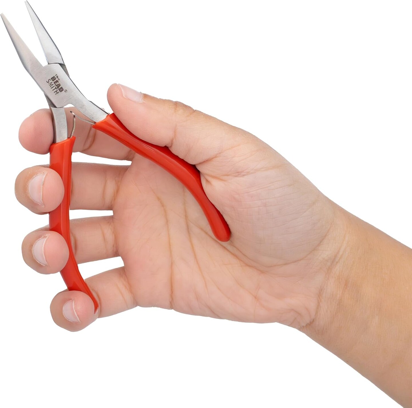 The Beadsmith Slim Line Chain Nose Pliers, with Polished Steel Head, red PVC Comfort Grip Handle with Double-Leaf Spring, Tool for Jewelry Making