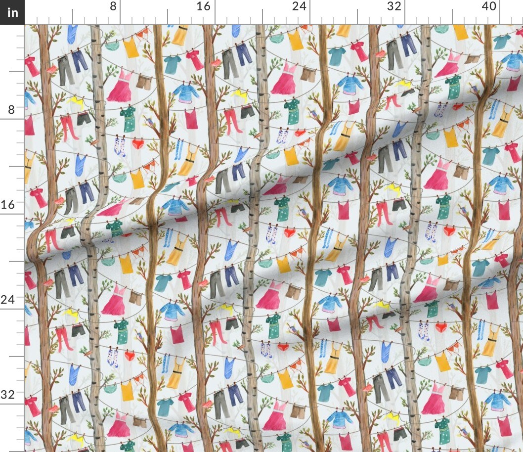 Whimsical Laundry Clothes Trees Clothesline Room Dress Shorts Shirt Bathing Suit Colorful Stockings Playful Home Maker Socks Bikini Rustic Custom Printed Fabric by Spoonflower Various Fabrics by the Yard or Fat Quarter