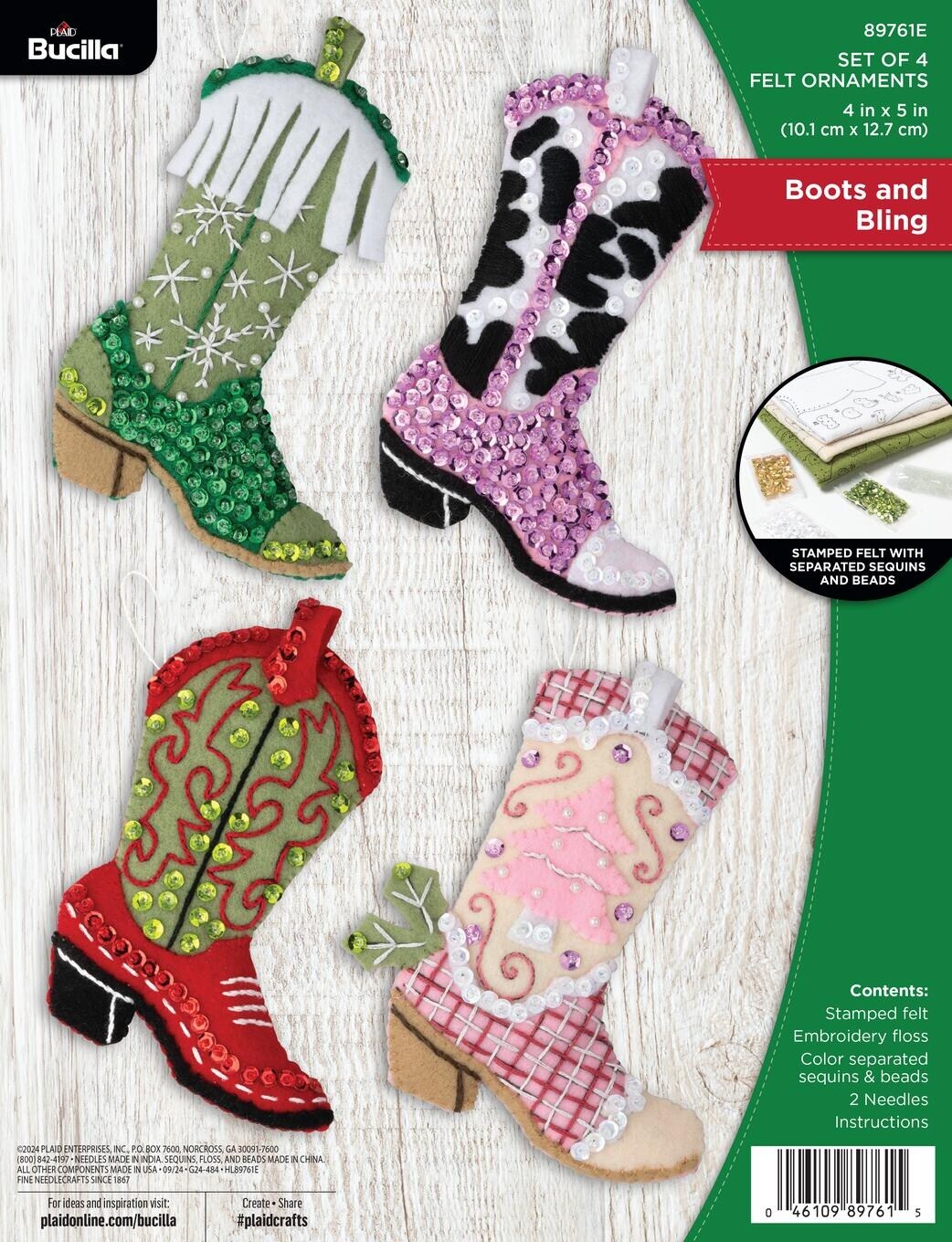 Bucilla Felt Ornaments Applique Kit Set Of 4-Boots And Bling