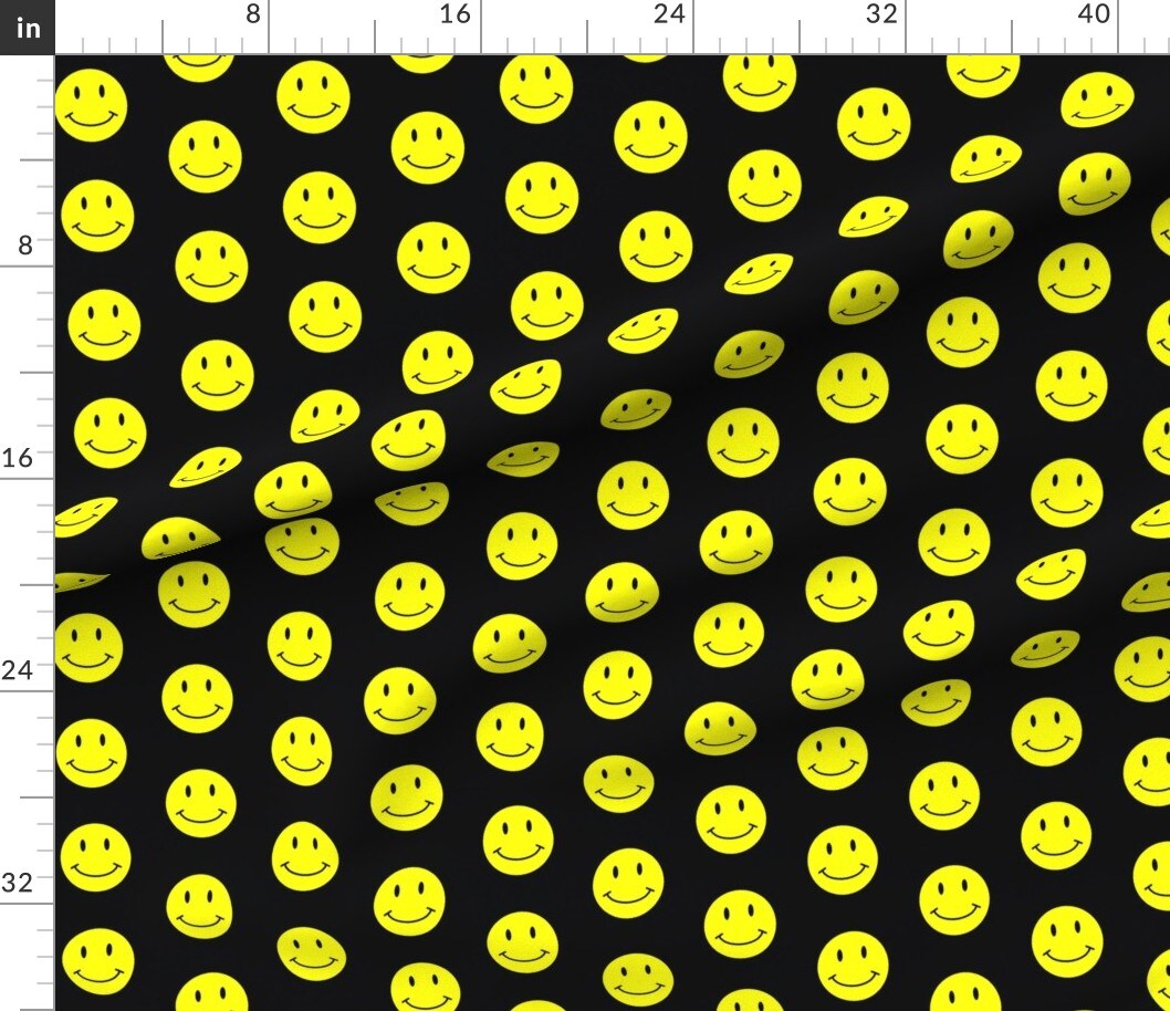 Black Yellow Happy Face Smile Emoticon Custom Printed Fabric by Spoonflower Various Fabrics by the Yard or Fat Quarter