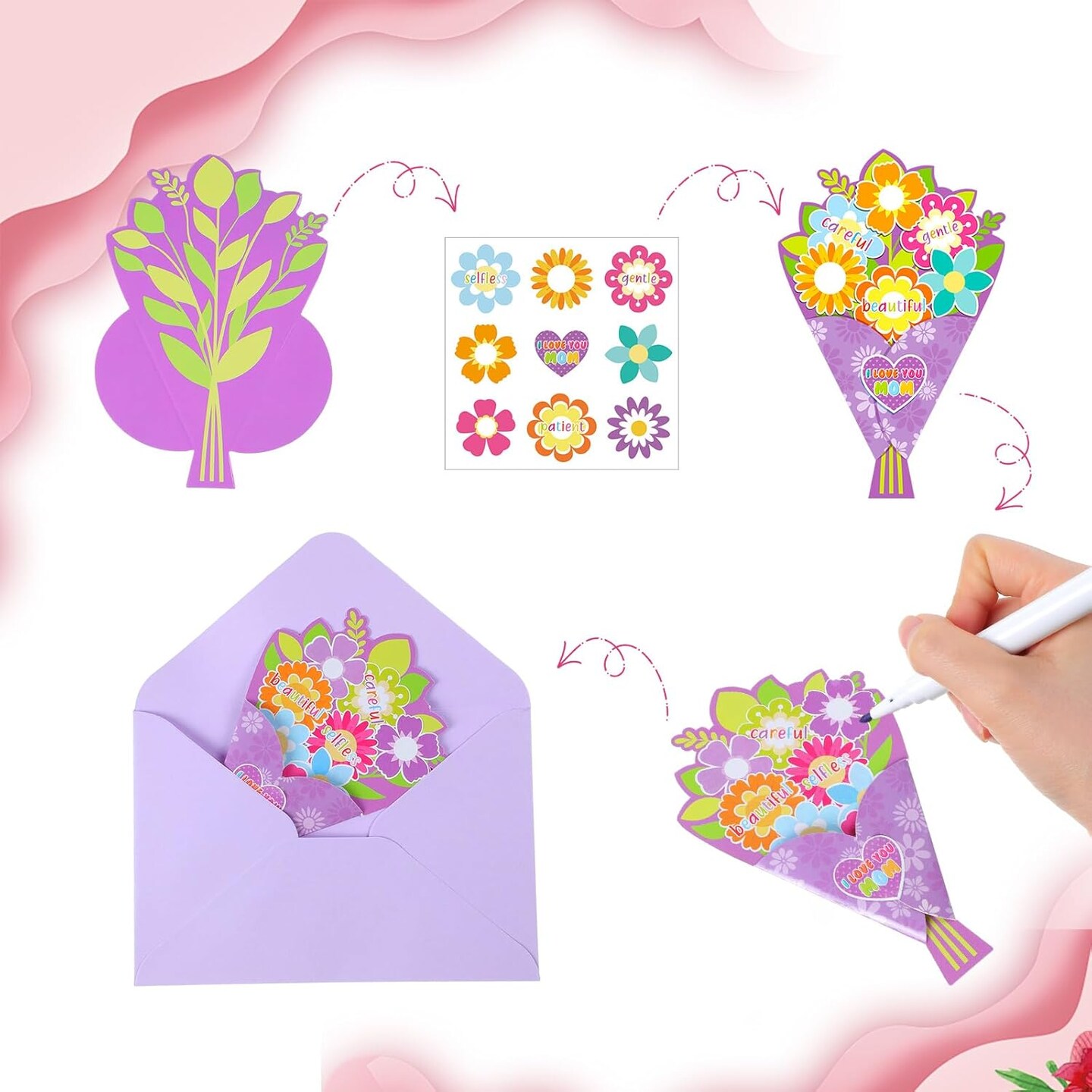 Mother’s Day Card Making Kit – 48 Sets DIY Bouquet Greeting Cards with Envelopes & Flower Stickers, I Love You Mom Craft Kit for Home, Office, and Birthday Gifts