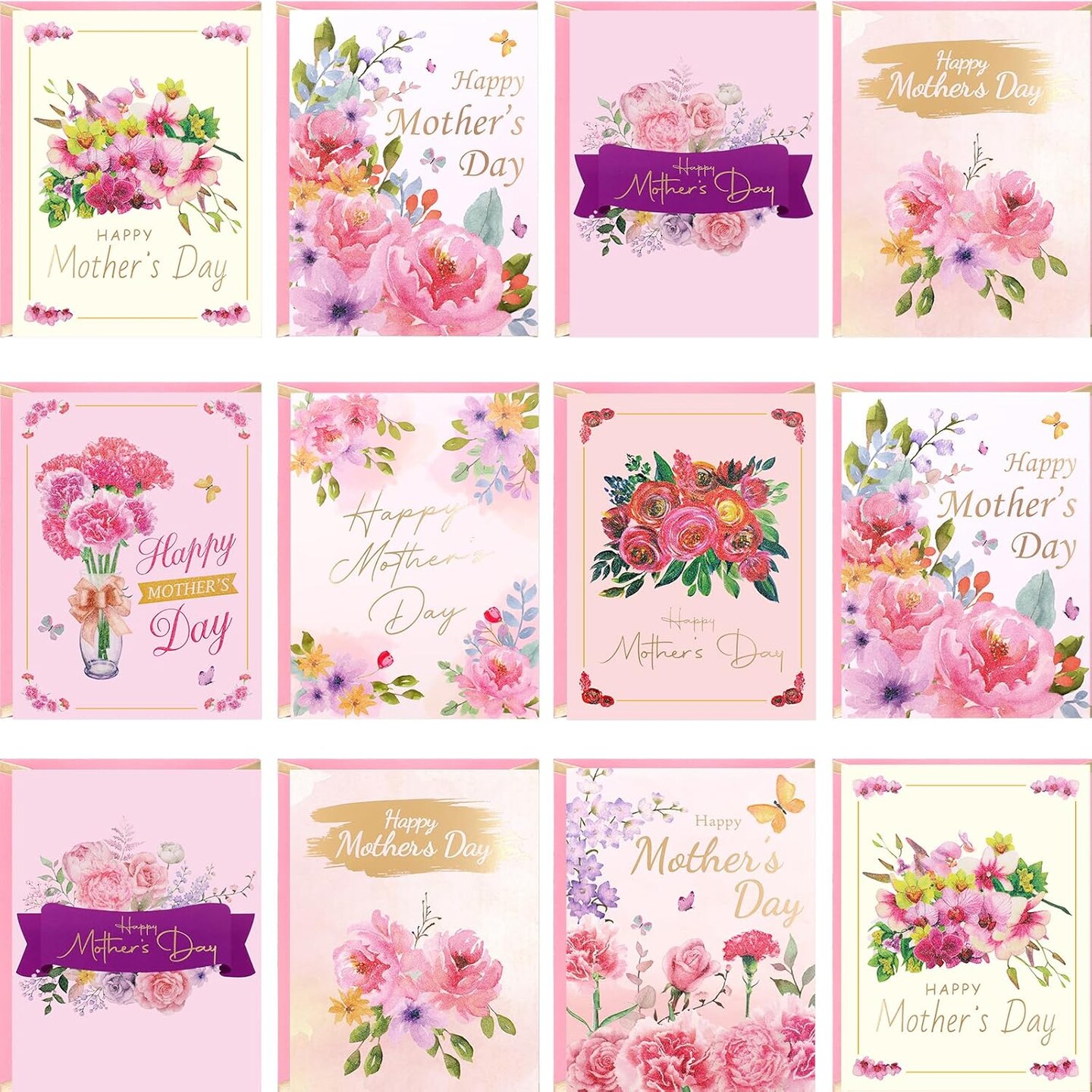 24-Pack Glitter Floral Mother’s Day Cards with Envelopes – Blank Inside Greeting Cards for Mom, Grandmother & Mother-in-Law