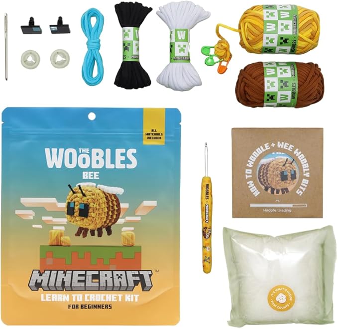 Minecraft Crochet Kit – Beginner Crochet Kit for Adults and Young Crafters, Easy Knitting Kit with Woobles Yarn, DIY Crafts, Crochet Animals, Minecrafts, Gift for Gamers & Crafters (Bee)