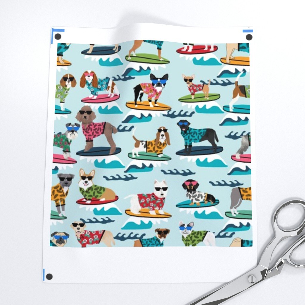 Surfing Dogs Summer Beach Fun Small Surf Tropical Cute Pug Pugs Frenchie Custom Printed Fabric by Spoonflower Various Fabrics by the Yard or Fat Quarter
