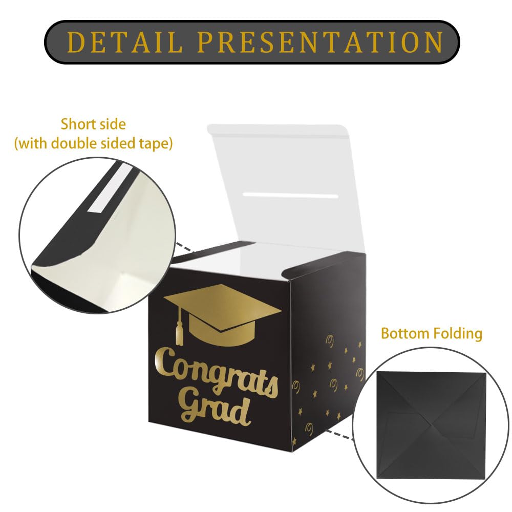 Graduation Card Box Holder, Congrats Grad Foldable Cardboard Decorations Box for Graduation Party Decoration and Grad Parties (Black)