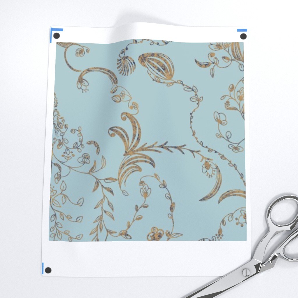 Blue Renaissance Gold Floral Damask Intricate Historic Art Nouveau Custom Printed Fabric by Spoonflower Various Fabrics by the Yard or Fat Quarter