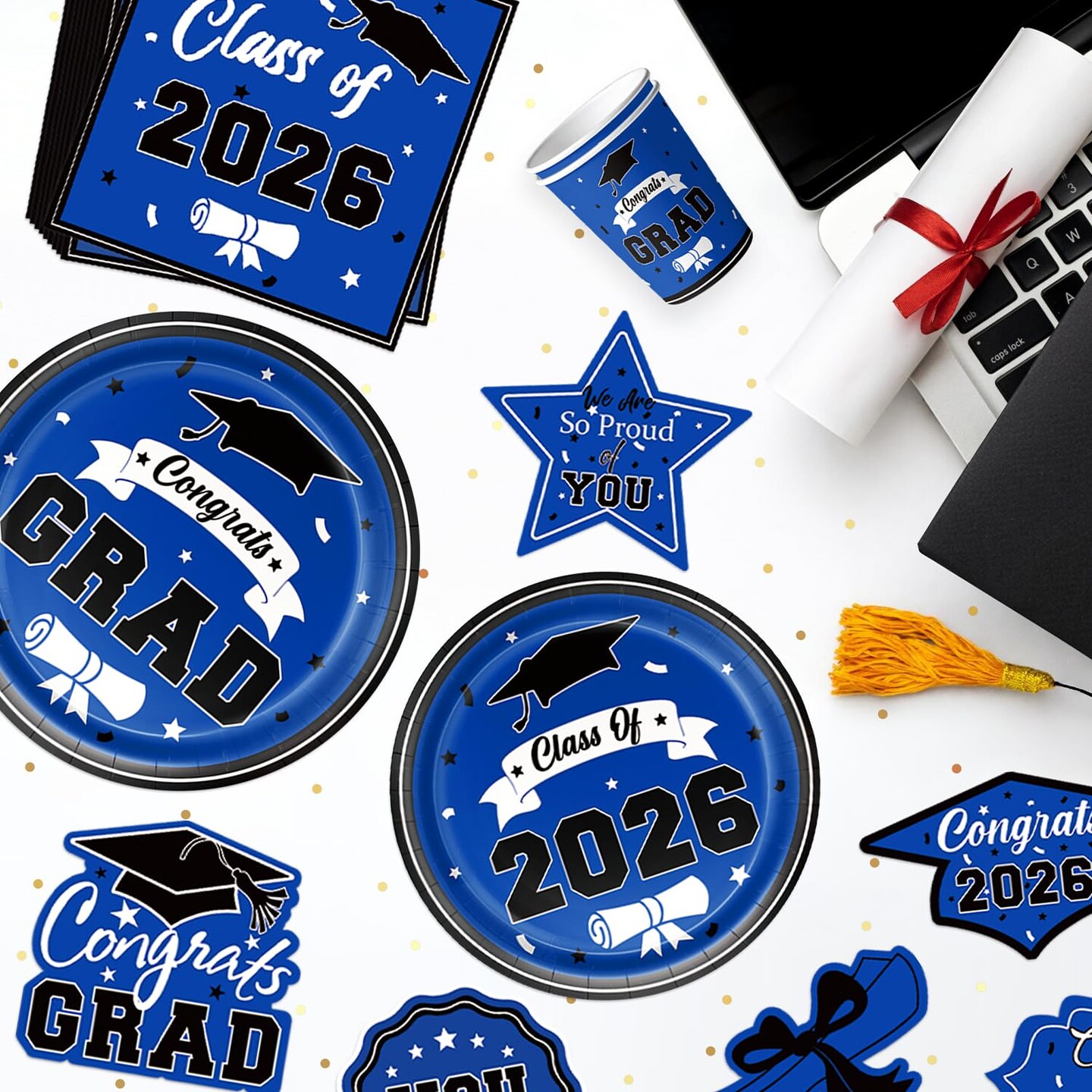 2026 Graduation Decorations for Party, Blue Plates Napkins Cups Tablecloth with Congrats Grad Hanging Decor for 25 Guests, Congratulations Disposable Party Supplies Favors for College & Middle School
