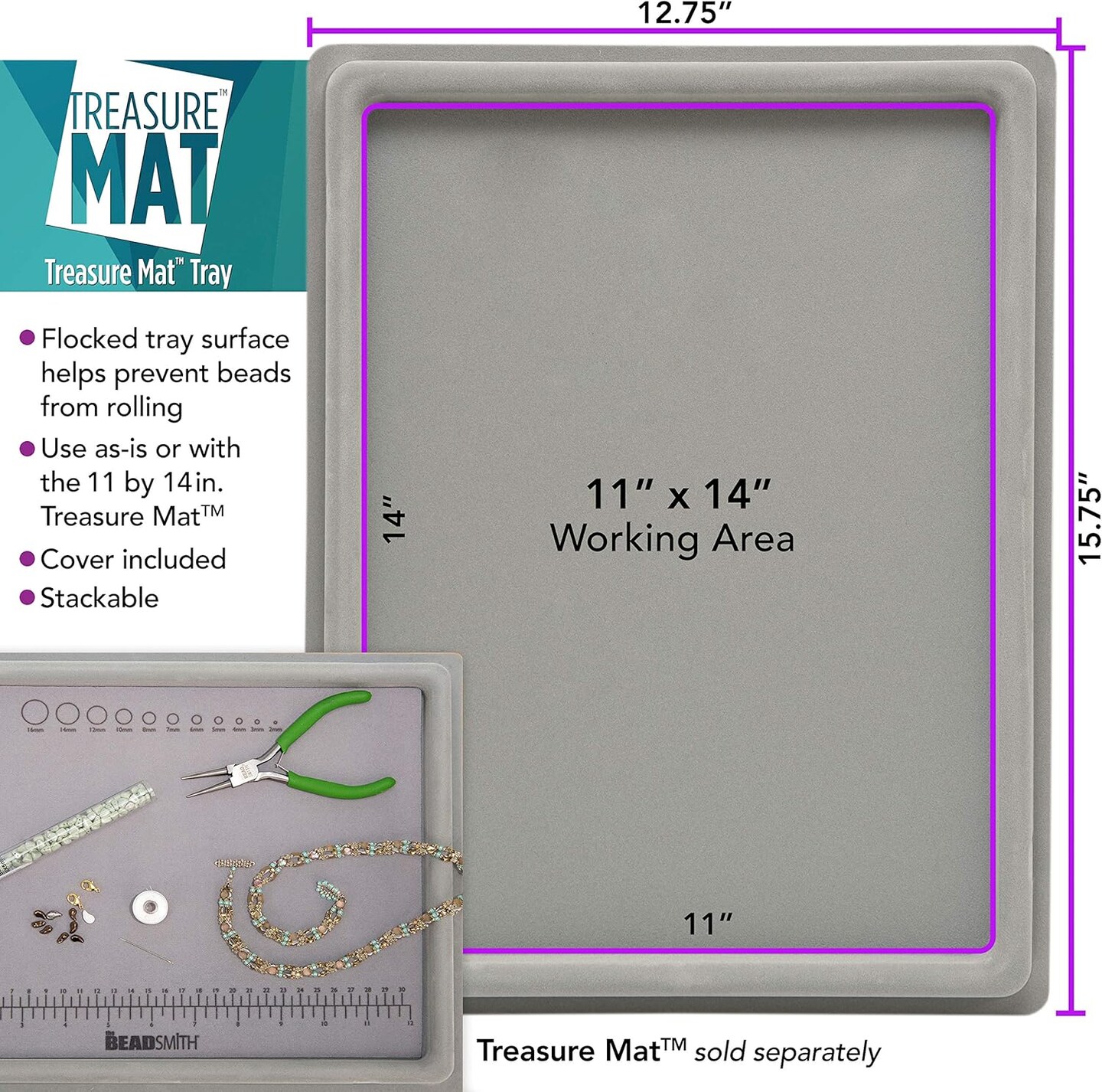 The Beadsmith Treasure Mat Tray, Bead Board, Grey Flocked, with Cover, Design Boards for Jewelry Making. (Treasure Mat not Included)