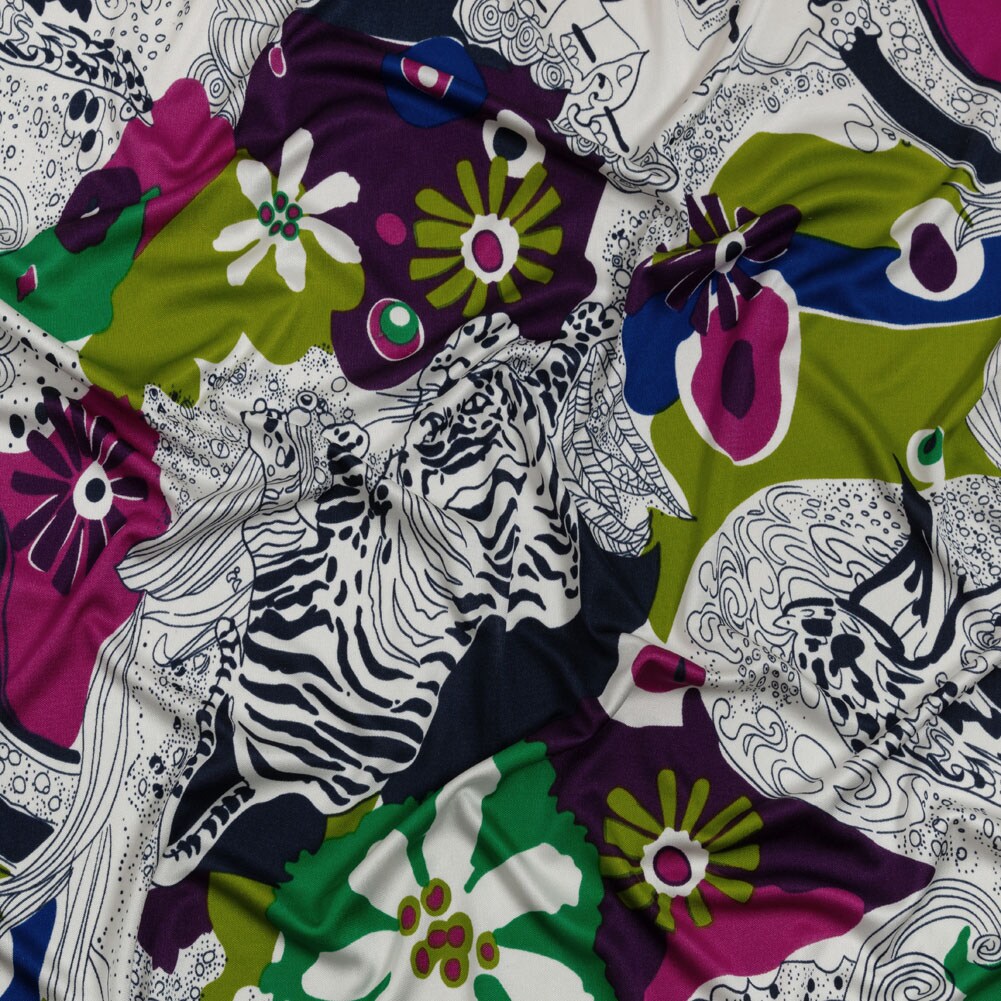1 Yard Designer Magenta Kiwi Navy Flowers and Animal Sketches Silk Jersey 44&#x22; Wide Stretch Silk Fabric