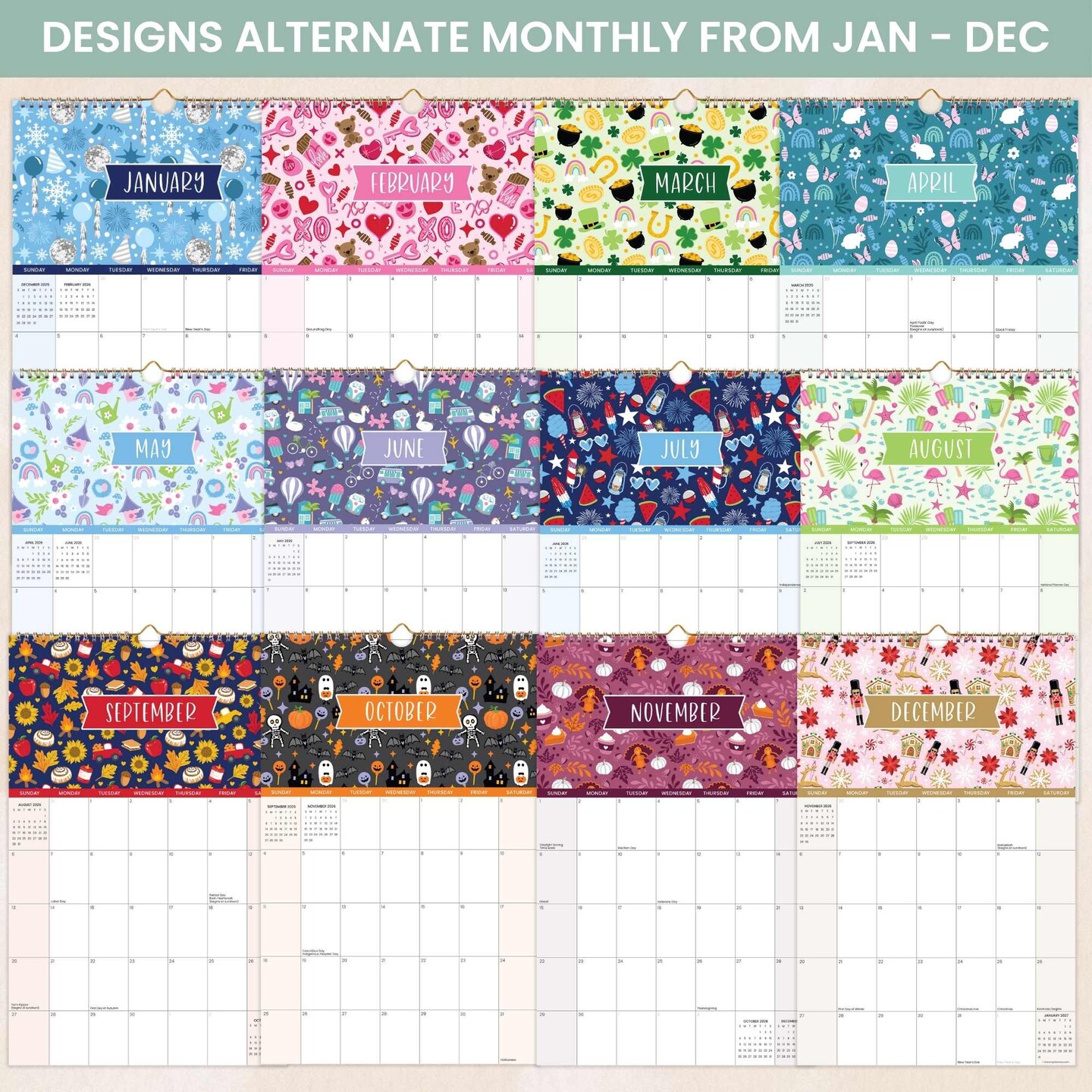 bloom daily planners 2026 Hanging Calendar, 11" x 17", Holiday Icons