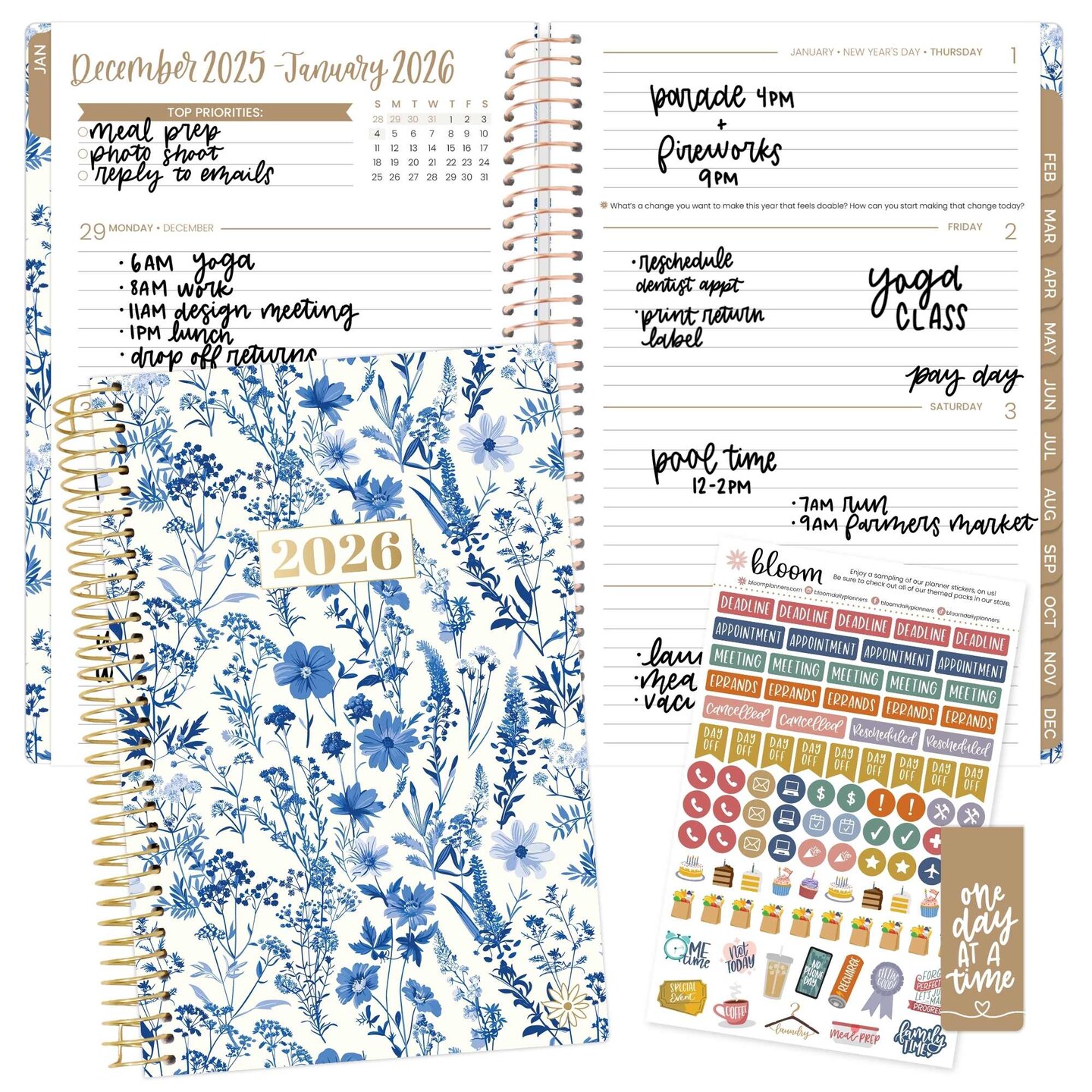 bloom daily planners 2026 Soft Cover Weekly &#x26; Monthly Planner, 5.5&#x22; x 8.25&#x22;, Blue &#x26; White Floral