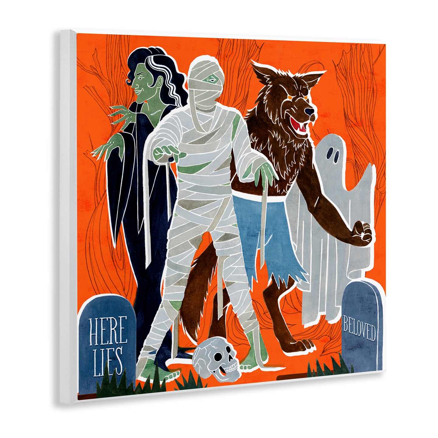 Spooky Halloween Monsters Orange Graveyard Ghost Wall Plaque Art