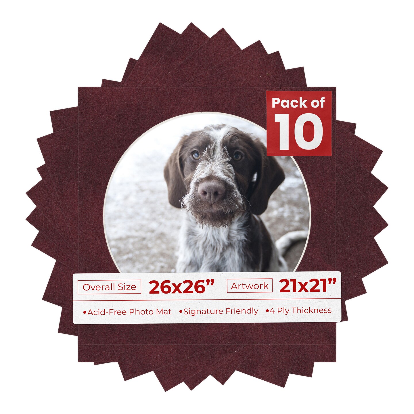 Dark Red Suede Mat Board for 26x26 Frames - Circle Opening for 21x21 Photos