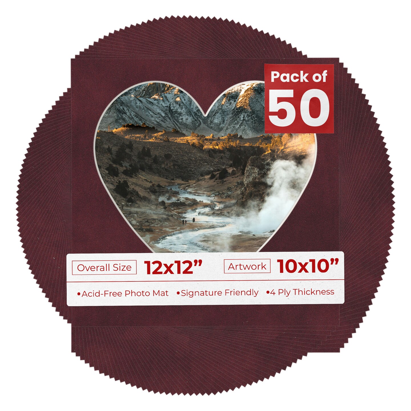 Dark Red Suede Mat Board for 12x12 Frames - Heart Opening for 10x10 Photos