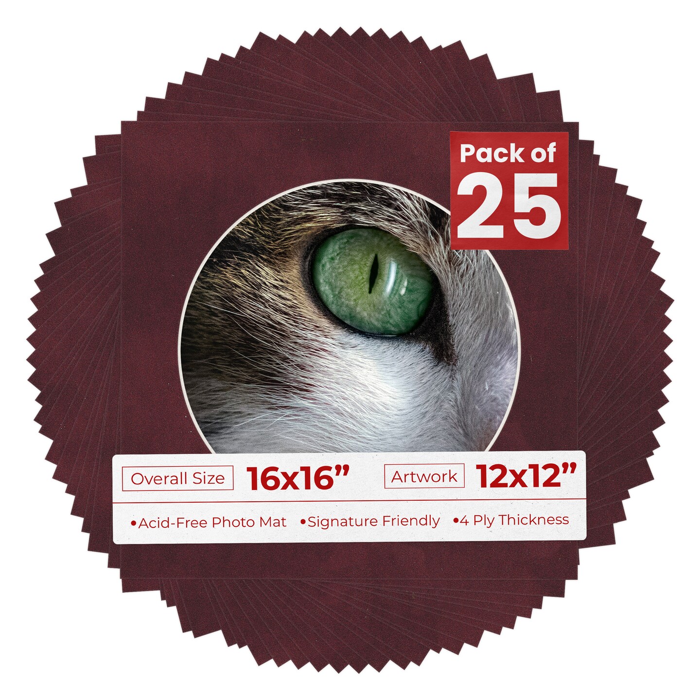 Dark Red Suede Mat Board for 16x16 Frames - Circle Opening for 12x12 Photos