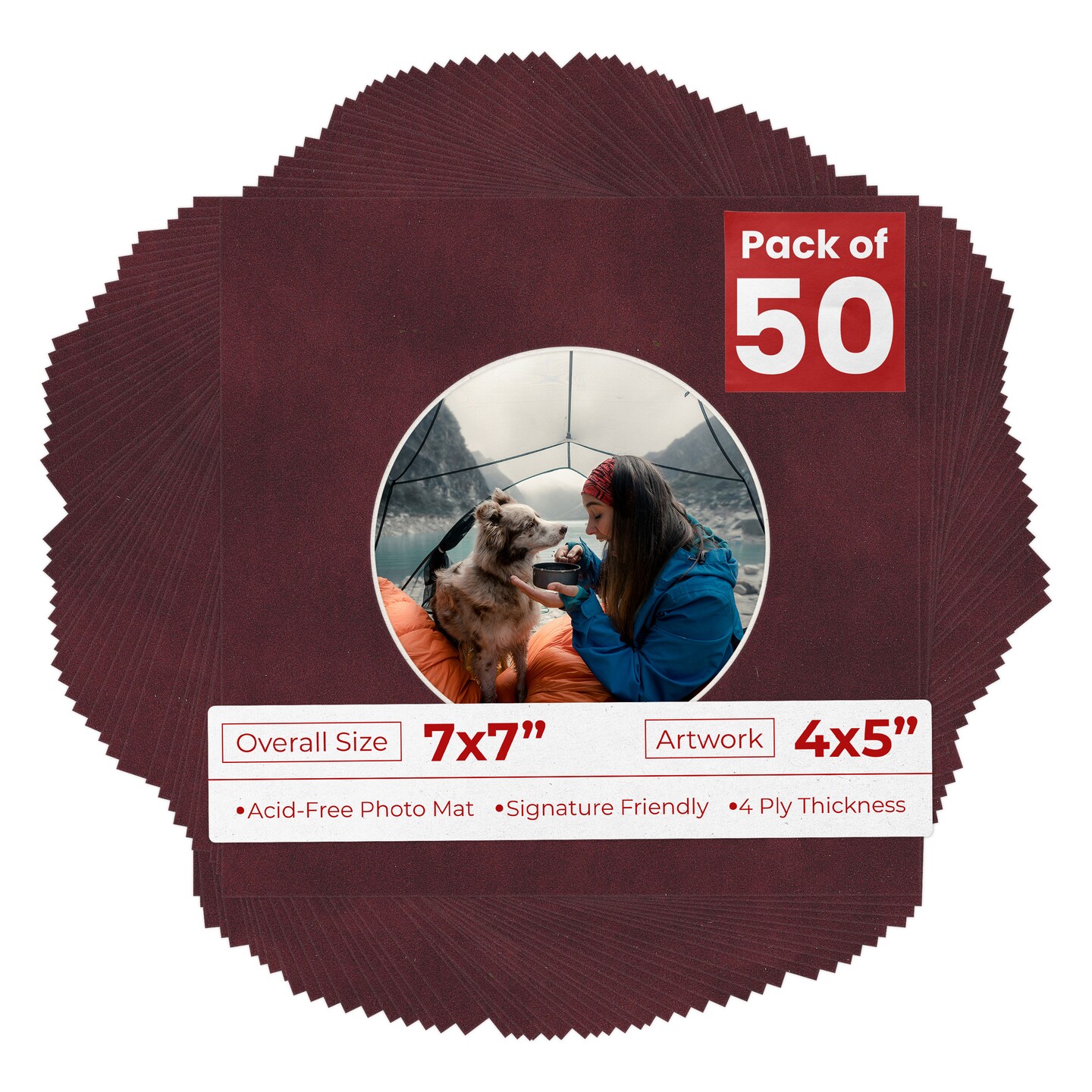 Dark Red Suede Mat Board for 7x7 Frames - Circle Opening for 4x5 Photos