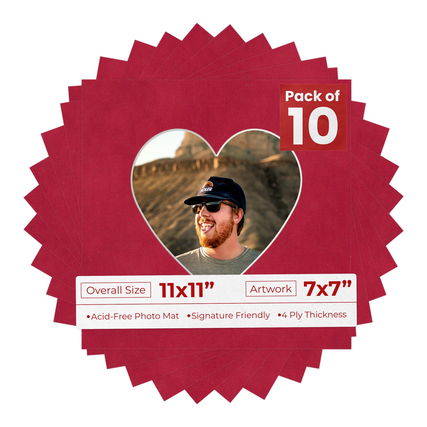 Red Suede Mat Board for 11x11 Frames - Heart Opening for 7x7 Photos