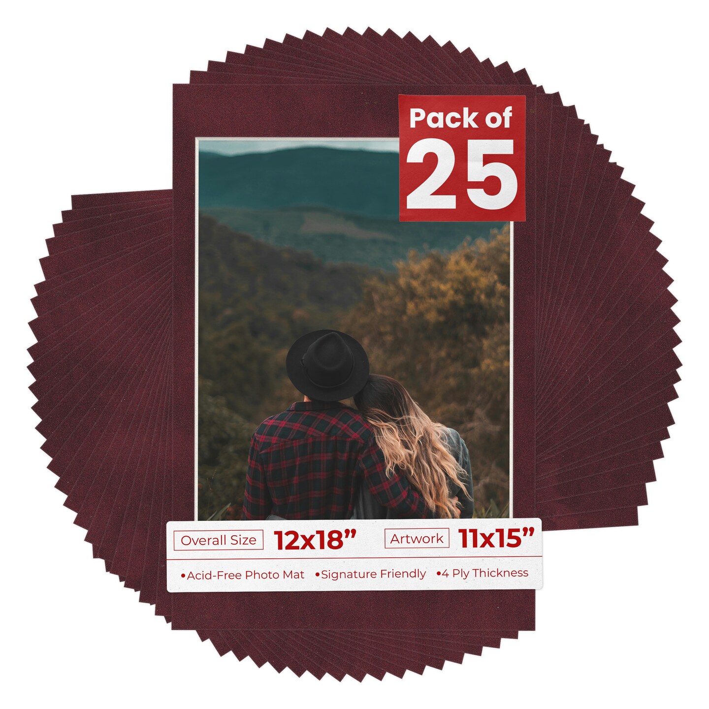 Dark Red Suede Mat Board for 12x18 Frames - Fits 11x15 Photos