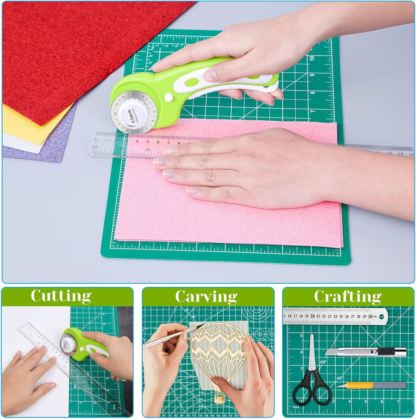 Rotary Cutter Set, Self Healing Sewing Mats Rotary Cutter and Mat 45mm Rotary Fabric Cutter Set with 2 Blades Rotary Cutting Mat for Crafts Fabric Quilting Hobby (9&#x22; x 12&#x22; (A4))